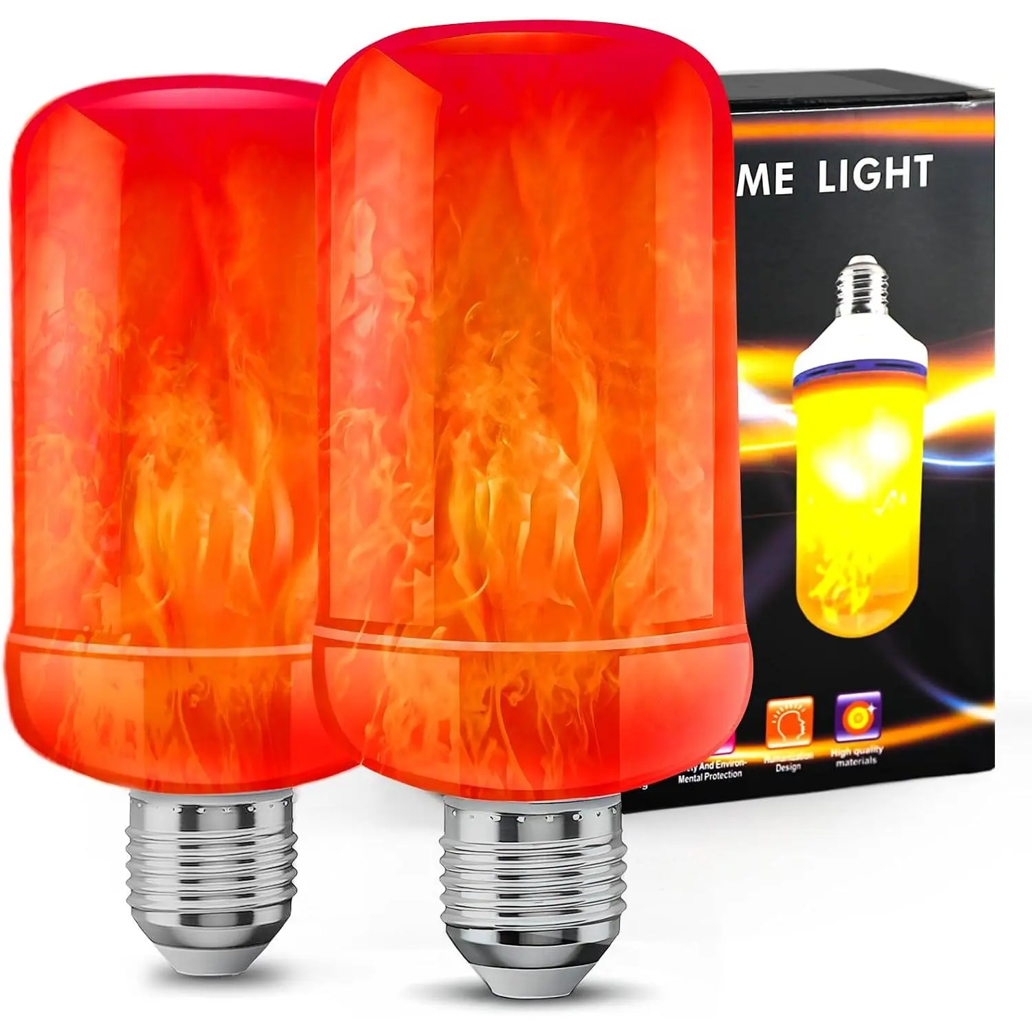 LED Flame Light Bulbs (2 Pack), 4 Modes Flickering Light Bulbs with Upside Down Effect, E26 Base Realistic LED Fire Lights for Halloween Christmas Decorations, Indoor Outdoor Party Home Decor (Red)
