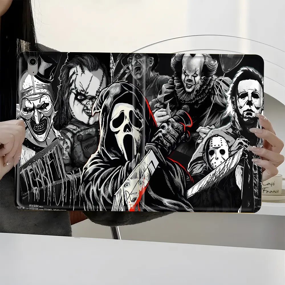 Scream Mask Horror Figure Collage Book Style iPad Case, Dark Thriller Comic Art Style, Shockproof, Scratch Resistant, Pencil Slot, Auto Sleep Wake, Fits 7.9/8.3/10.2/10.5/10.9/11/12.9/13 Inch, Compatible With All iPad Sizes, Office, School, Home, Friends