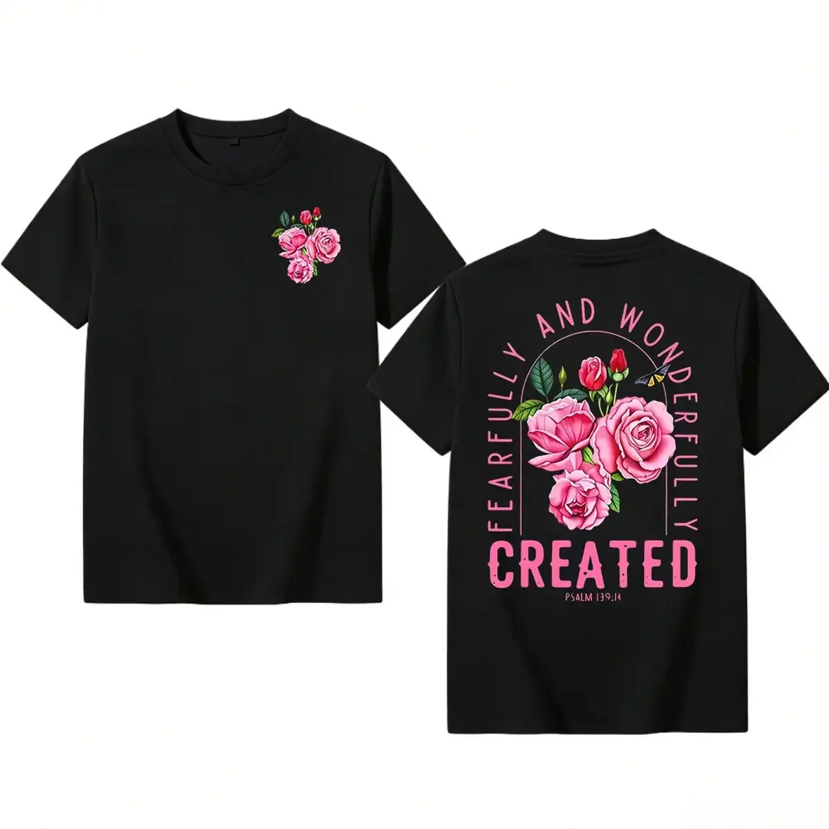 Amazing Pink Rose Vintage-style Loose Printed T-shirt, WomenS Short-sleeve Design, Perfect for Casual Attire Or As A Gift for Friends Lyrics Taken From Psalm 139: 14, Beautifully Designed