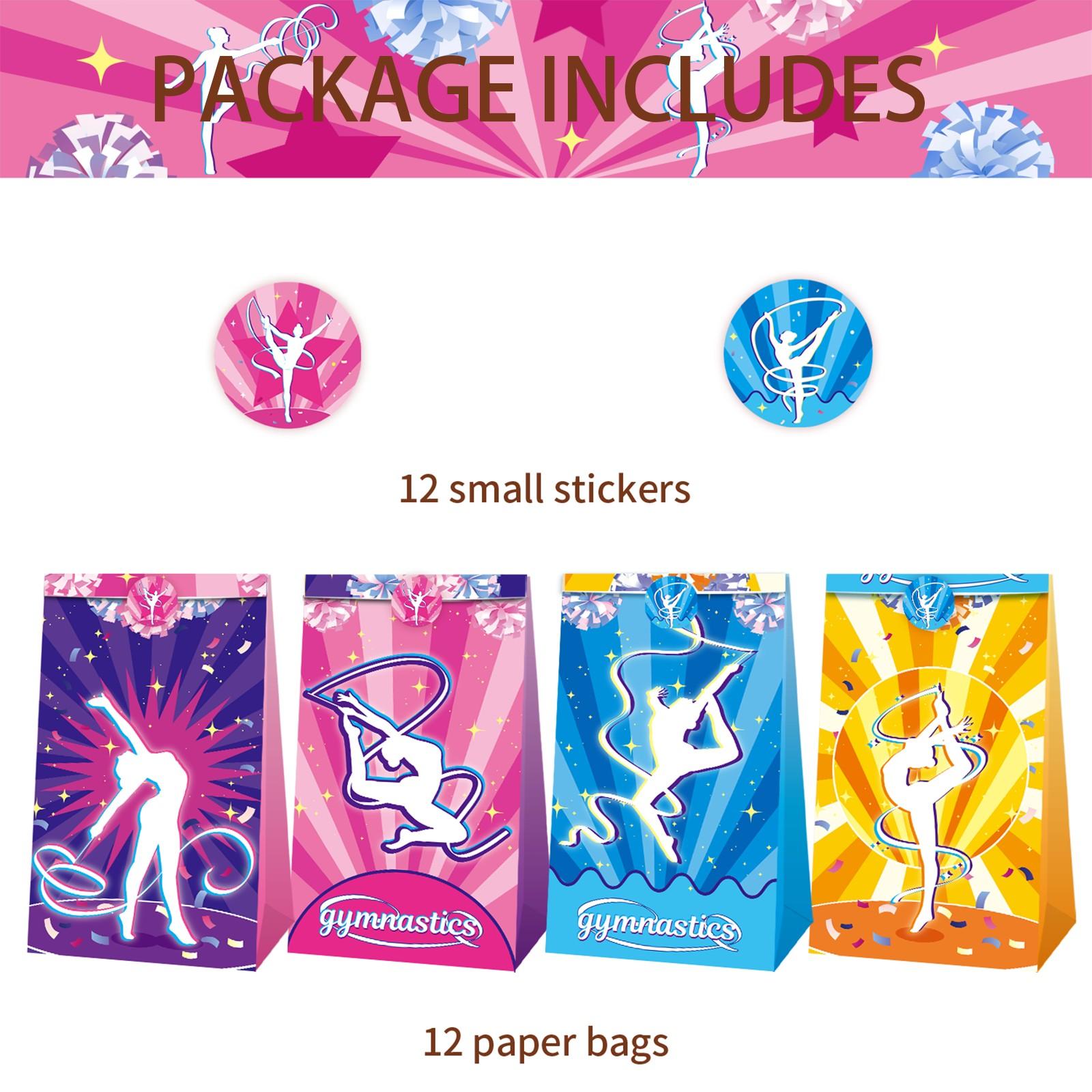 12 Gymnastics Party Paper Bags+12 Gymnastics Stickers, Cartoon Gymnastics Paper Bags Suitable for Gymnastics Parties, Sports Parties