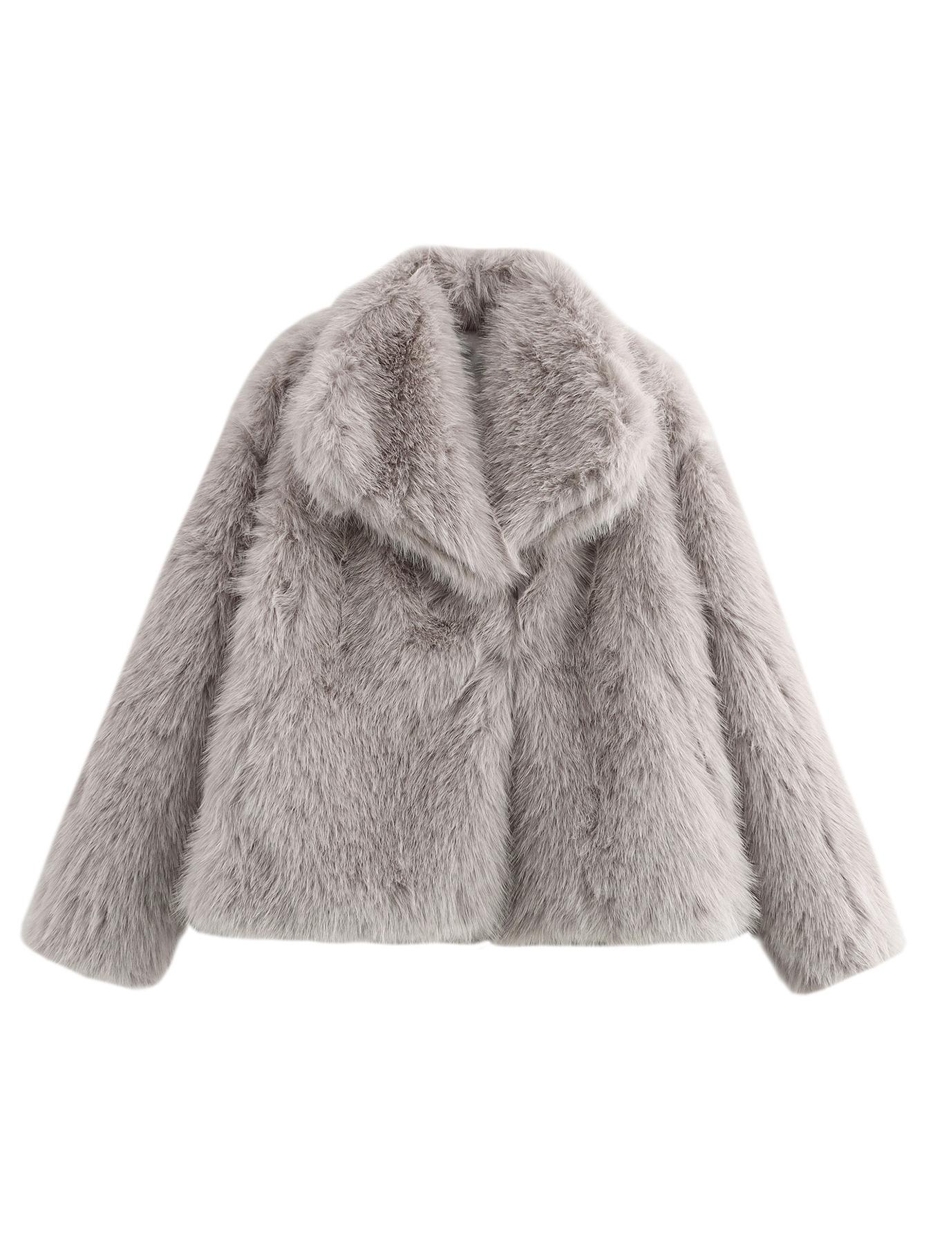 Women's Elegant Solid Color Wide Collar Zipper Closure Plush Warm Coat, Stylish Everyday Outerwear for Fall & Winter Seasons