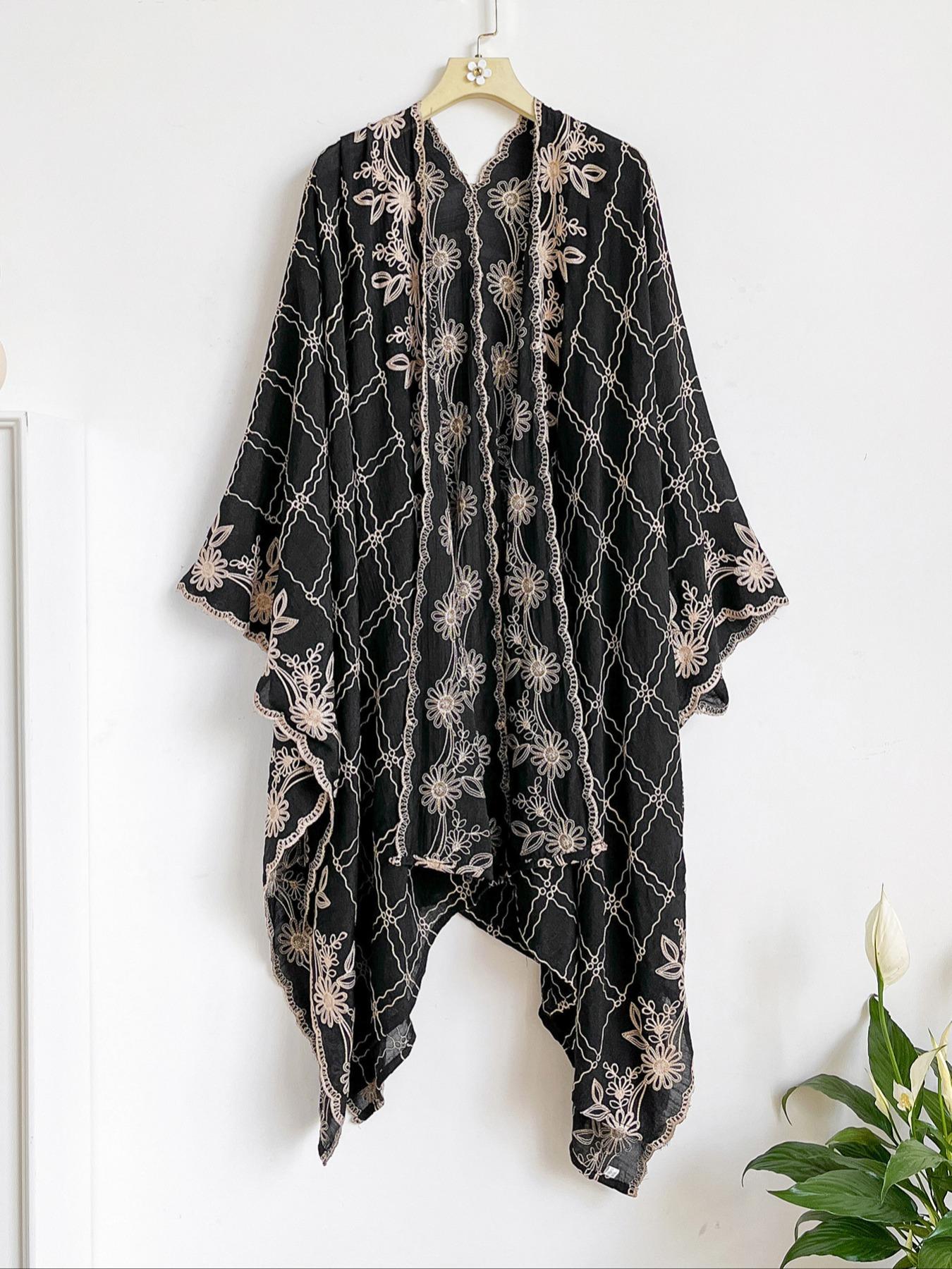 Boho Ocean Embroidered Split Scarf, Loose Fit Elegant All-Season Style, Perfect for Beach Vacations, Commuting and Dates