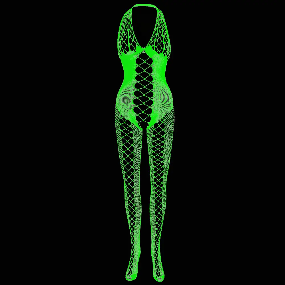 Women's Glow-in-the-Dark Fishnet Bodystocking – Sexy Sheer Mesh Lingerie, Cut-Out Halter-Neck Fishnet Bodysuit, Full-Body Luminous Design, Stretchy Lace-Up Style – Perfect for Parties, Nightclubs, Music Festivals, and Special Occasions