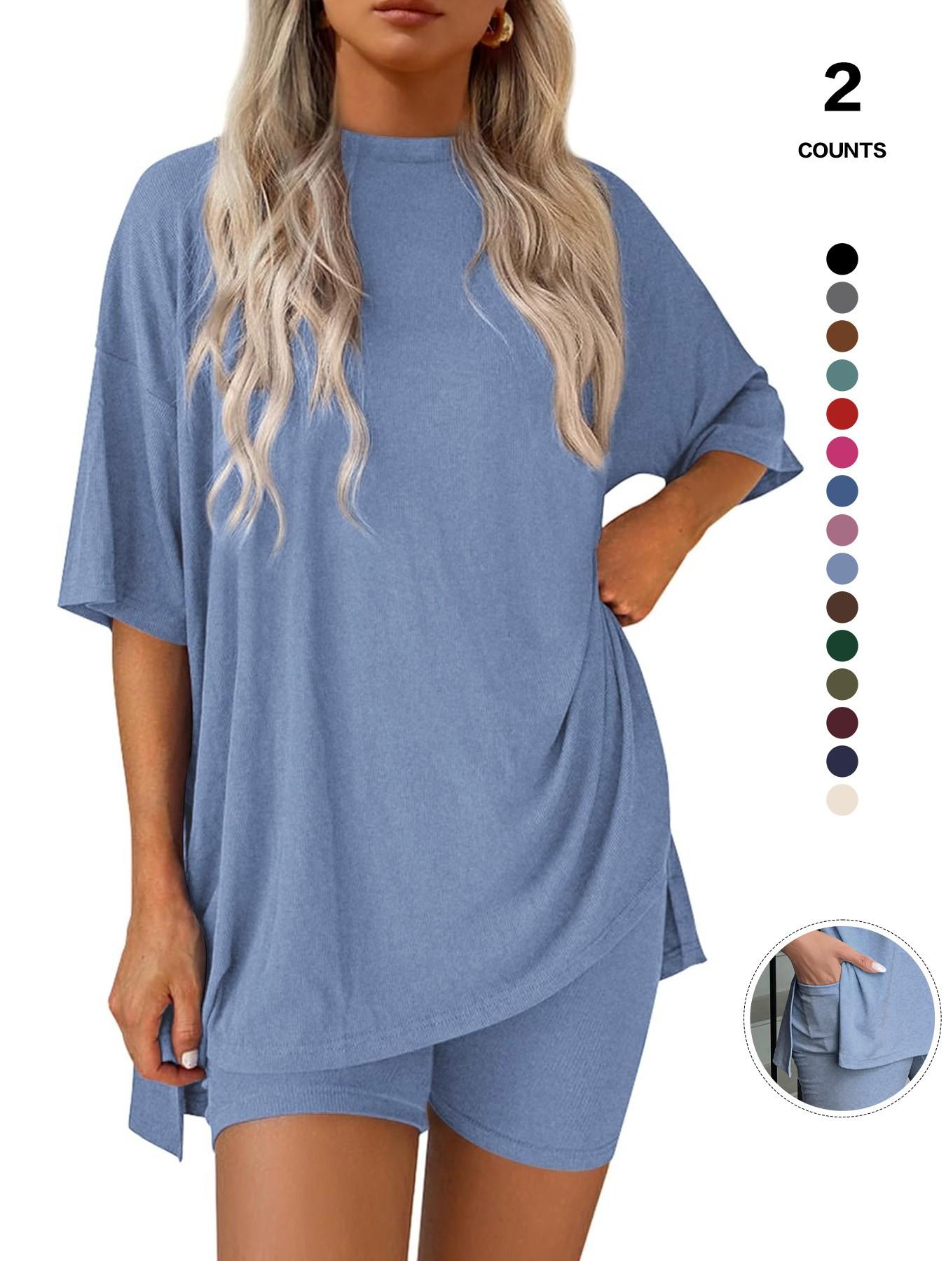 Cozy Mama Lounge Set, Women's 2-Piece, Crew Neck Oversized T-Shirts, Comfortable Home Wear, Perfect for Relaxing at Home