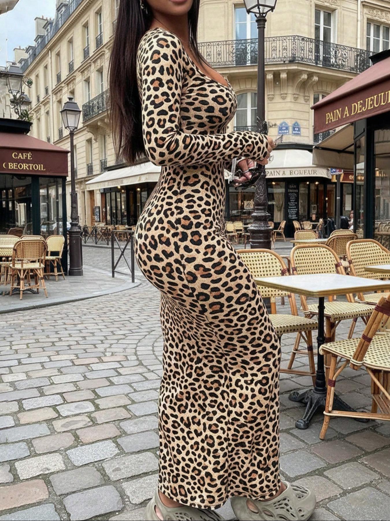 Elegant Leopard Print Dress, Bodycon Side Slit, Fitted Design, Perfect for Casual & Party Wear, High-Quality Fabric, Stylish Women's Clothing