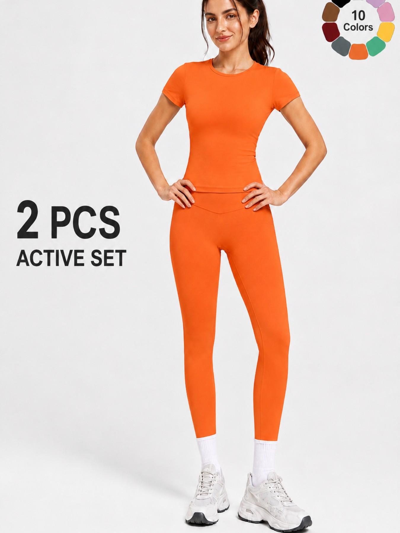 Women's 2 Piece Workout Outfit Sets, Short Sleeve Crew Neck Crop Top & High Waist Yoga Leggings, Casual Athletic Fitness Activewear Tracksuit