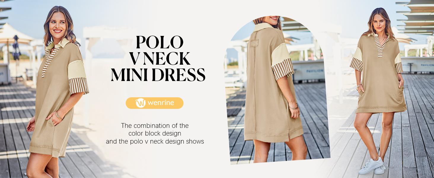 Wenrine Women's Polo V Neck T Shirt Dress Casual Summer Oversized Color Block Short Sleeve Sweatshirt Mini Dresses Wenrine Women's Polo V Neck T Shirt Dress Casual Summer Oversized Color Block Short Sleeve Sweatshirt Mini Dresses