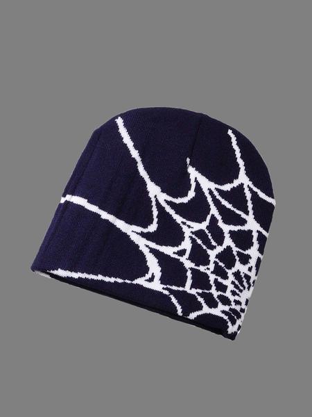 Unisex Spider Web Y2K Knit Beanie, Casual Fitted Hat for Fall & Winter, Trendy Jacquard Outdoor Cycling Cap, No Brim Design