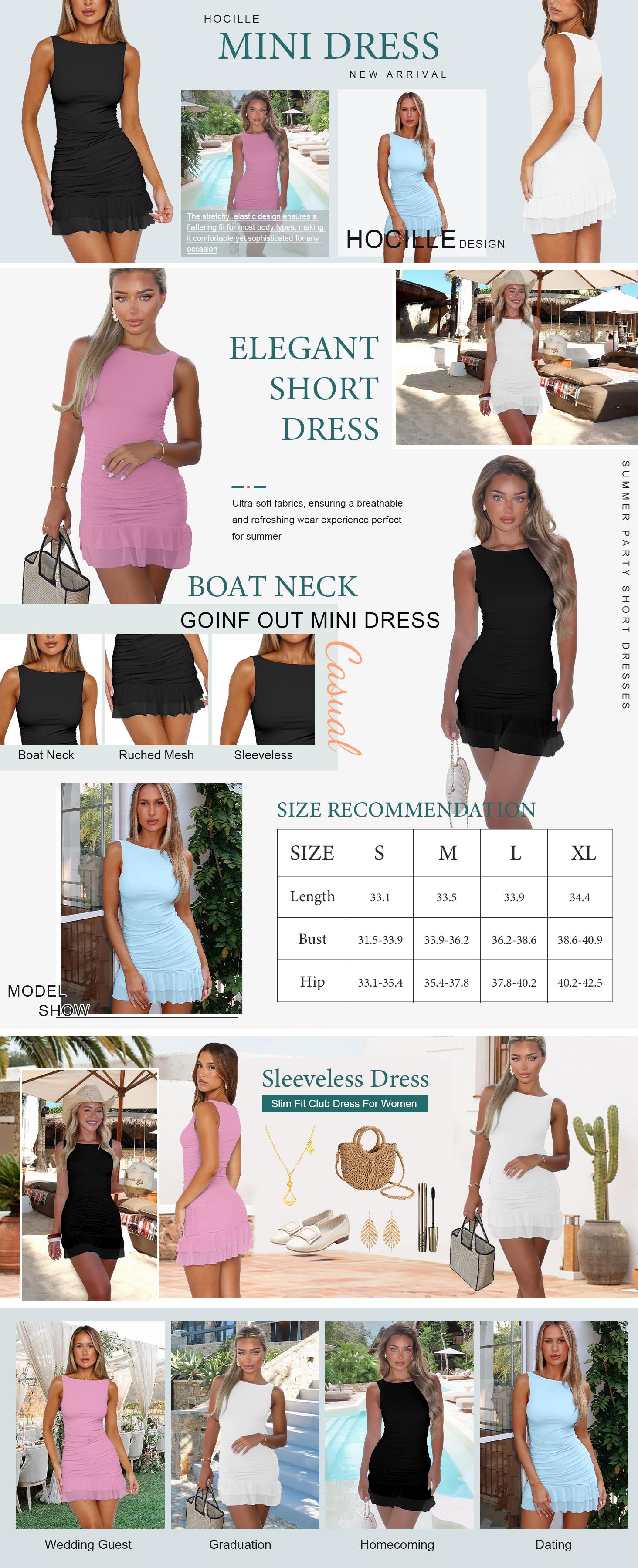 HOCILLE Women's Spring Mesh Ruched Bodycon Mini Dress Sexy Boat Neck Sleeveless Ruffle Hem Cocktail Party Outfits Elegant Graduation & Wedding Guest Short Dress 2026 HOCILLE Women's Spring Mesh Ruched Bodycon Mini Dress Sexy Boat Neck Sleeveless Ruffle Hem Cocktail Party Outfits Elegant Graduation & Wedding Guest Short Dress 2026