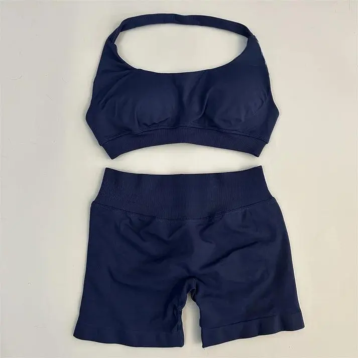 DFYNE Women's 2pcs Actives Sportswear Set - Plain Blue High Performance Impact Bra & Short Gym Matching Set for Fitness Workouts, Workout Sets For Women