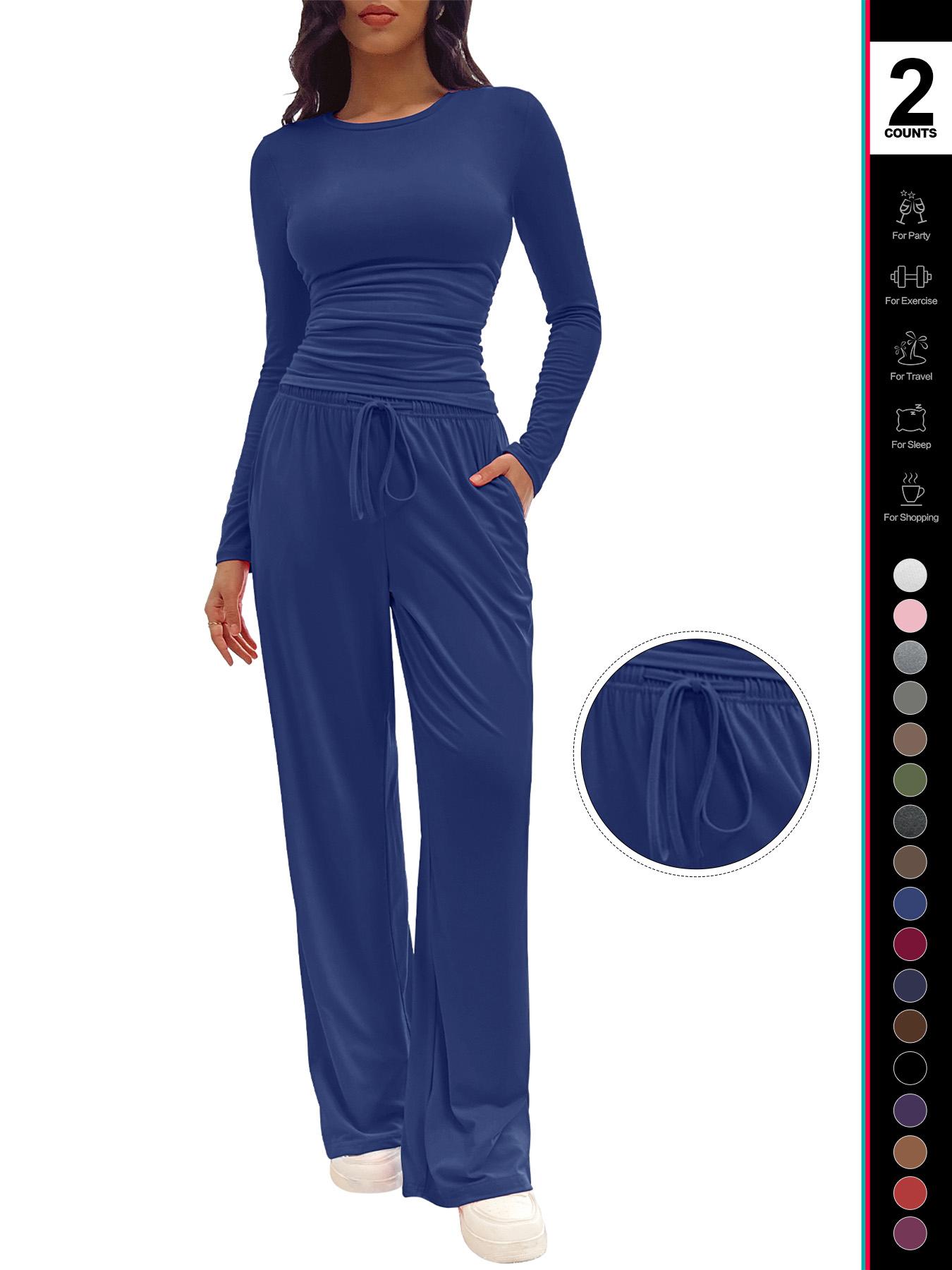 Women's Solid Ruched Drawstring Loungewear Set, Casual Fit Long Sleeve Round Neck Top & Pocket Wide Leg Trousers, Ladies Sleepwear for All Seasons