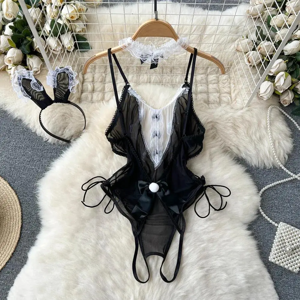 Transparent Ruffle Lace Strap Playsuit Slim Sexy Open Crotch Bow Maid Roleplay Lingerie Pajamas Erotic Cosplay Romper Catsuit
