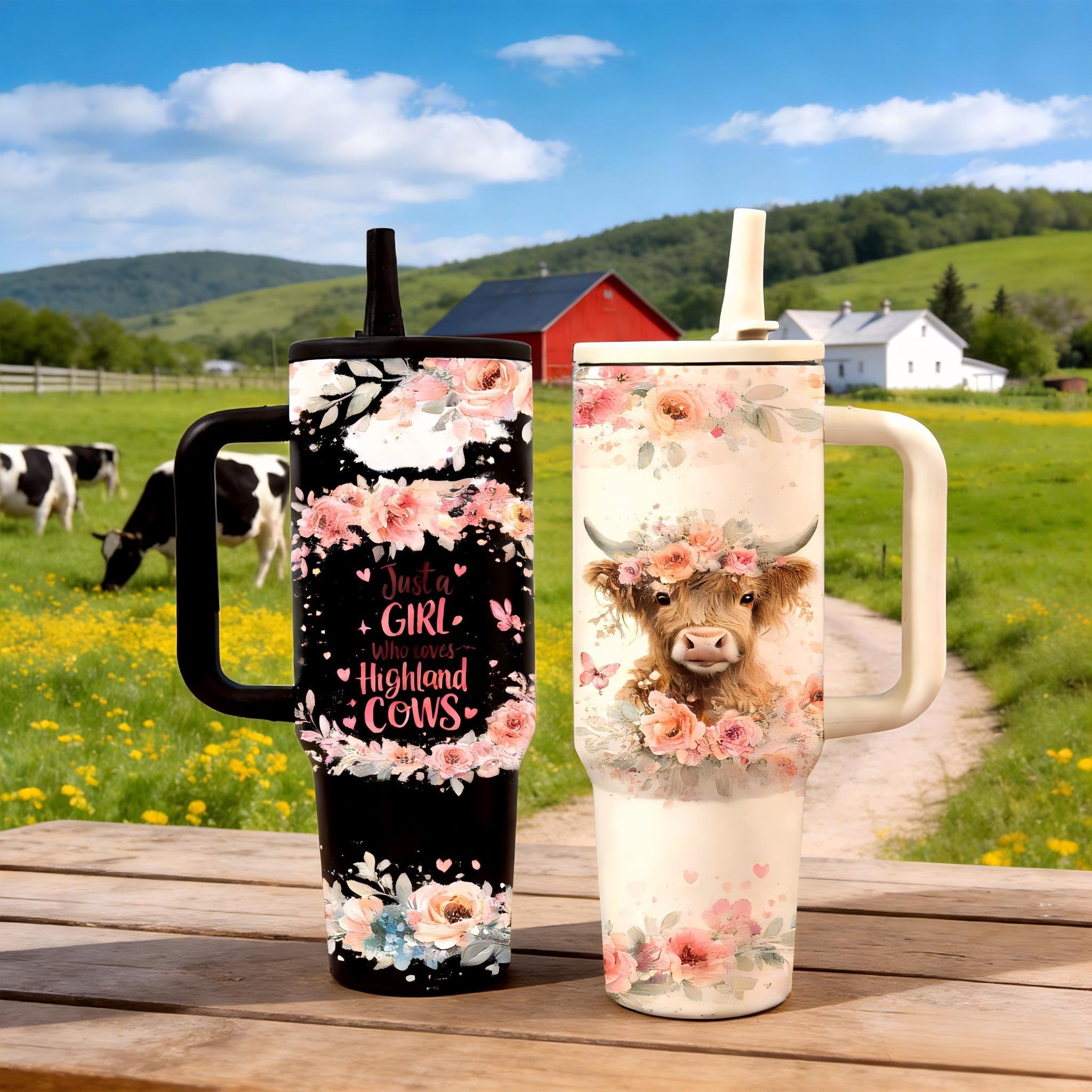 40oz Highland Cow Straw Tumbler, Just A Girl Who Loves Cows Design, Floral Cow Aesthetic Cup, Farm Girl Country Style, Vacuum Insulated Tumbler with Handle, Leak Proof Lid, Hot Cold Drinks All Day, Cute Cow Lover Gift, Insulated Travel Drinkware