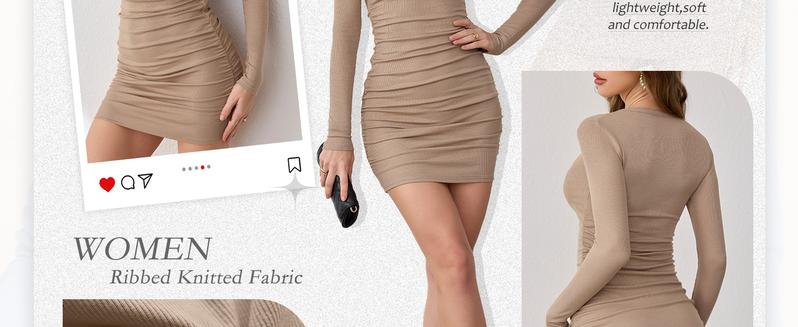 ANRABESS Women Long Sleeve Bodycon Mini Dress Sexy Crewneck 2025 Fall Ribbed Knit Slim Fit Party Cocktail Night Short Dresses