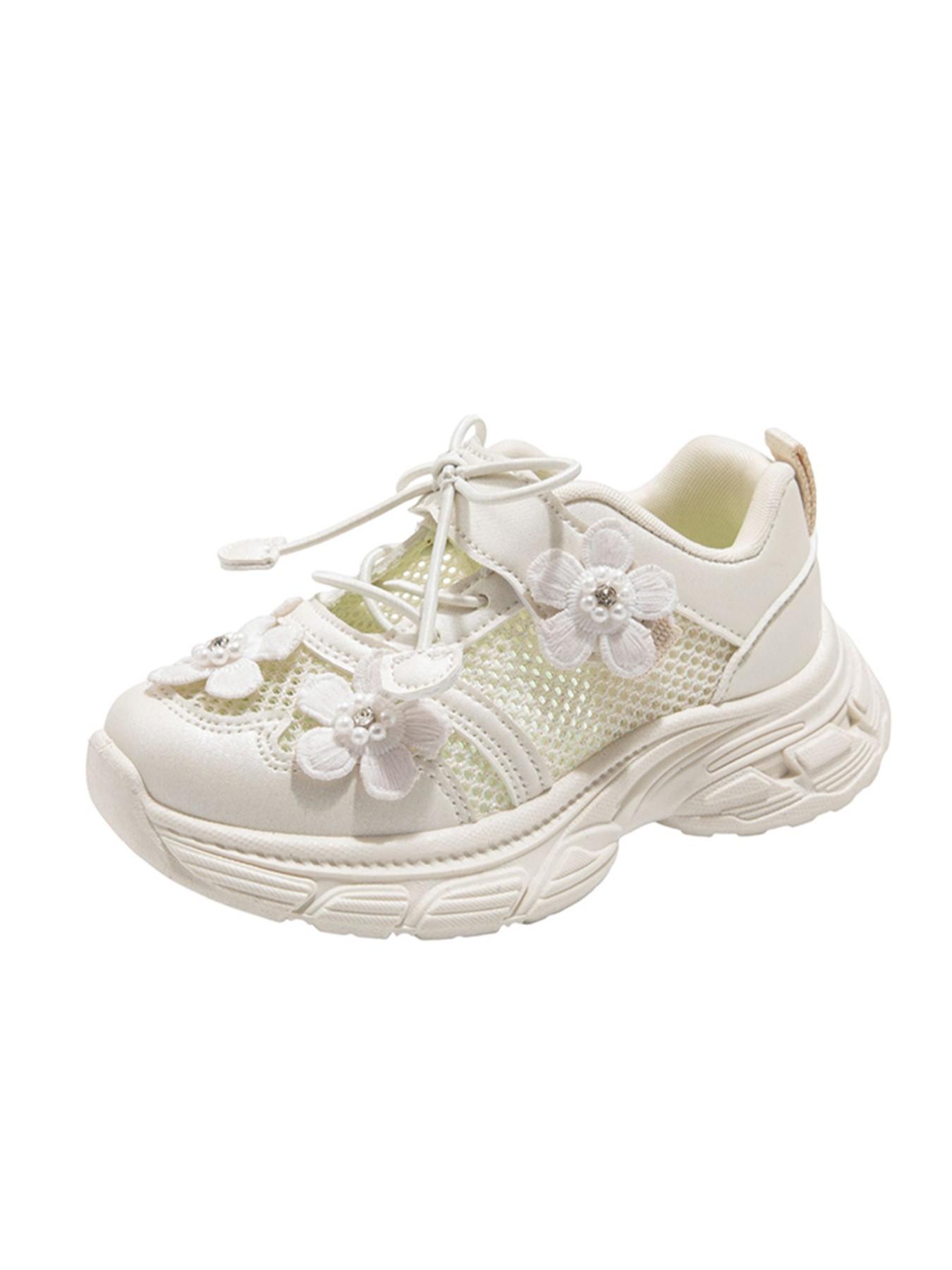 Girls' Floral Mesh Running Shoes, Breathable Anti-Slip Thick Sole, Cute Princess Style, Ages 2-12, Comfortable Kids Sports Shoes