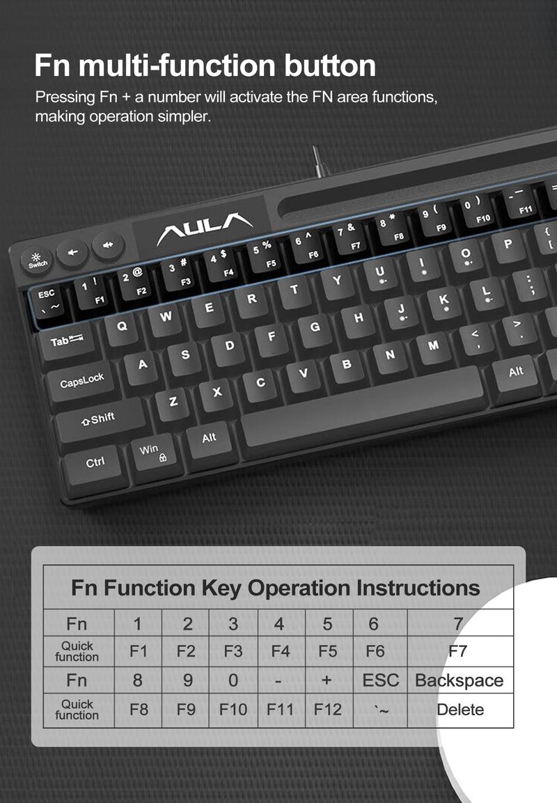 AULA F3061 mini wired keyboard, 61-key layout, plug and play, cool lighting, 22-key no impact, ergonomic design, simple and portable, compatible with Windows/Mac system equipment connection, RGB Backlit Keyboard
