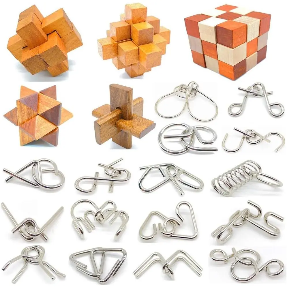 Brain Teasers with The Puzzles 21Pcs Unlock Interlock Game IQ Test Toy 3D Wooden and Metal for Party Favor Kids Adults Challenge