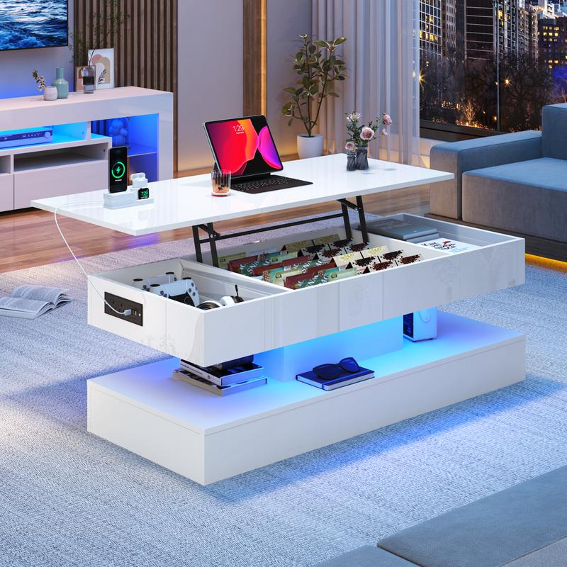 39.4"/47.2" Large Lift Top Coffee Table,Modern High Glossy LED Coffee Tables for Living Room with Storage,Black Living Room Tables for Living Room,Dining Room,Bedroom Home Office,APP LED Lights（Black/white）