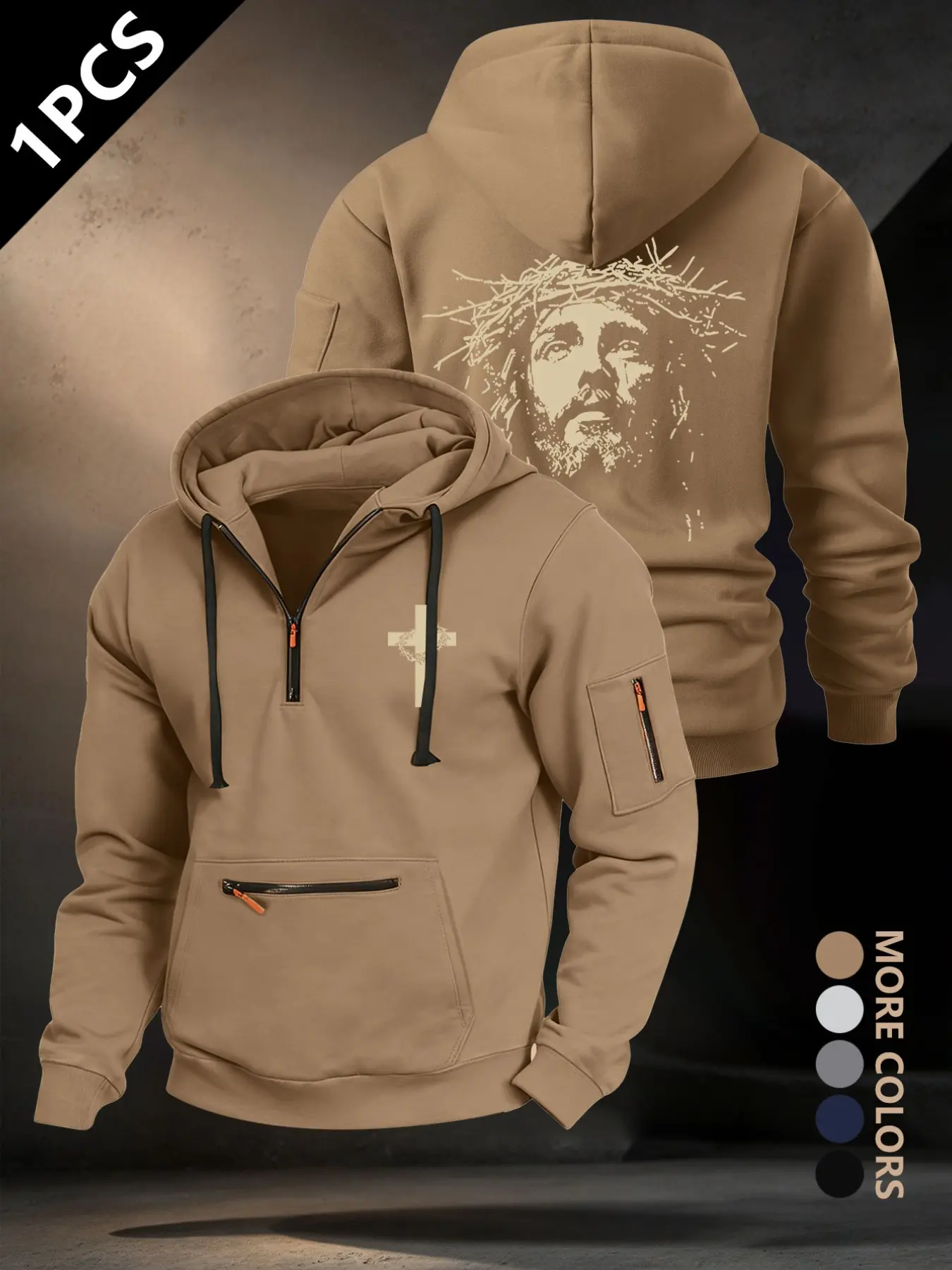Men Quarter Zip Hoodie, Multi Zipper Pocket Design, Thorn Crown Figure & Cross Graphic Print, Long Sleeve Hooded Pullover #MensHoodie #CrossPrint #FaithStreetwear #GraphicHoodie #HoodedPullover #PocketDesign