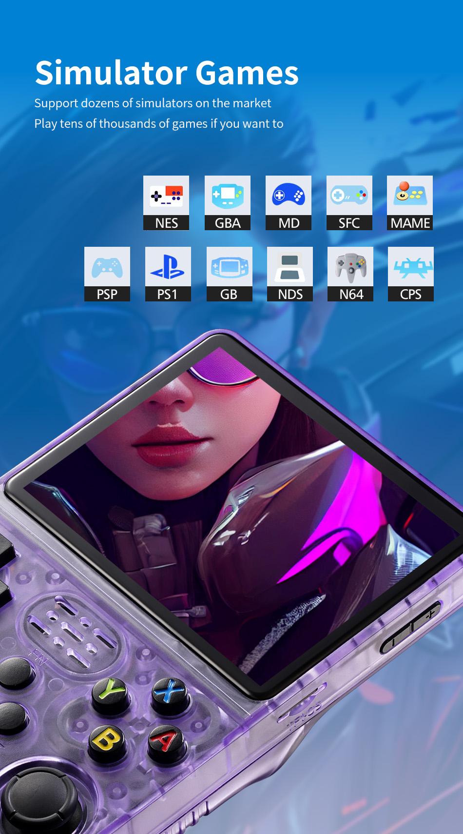 Retro Purple R36S Handheld Game Console - 3.5 in HD Screen, 64G Memory, Rechargeable Compact Portable Linux System, Type-C Port, 10 Emulator Video Games, Media Control, Anime Theme On-the-Go Gaming Gift