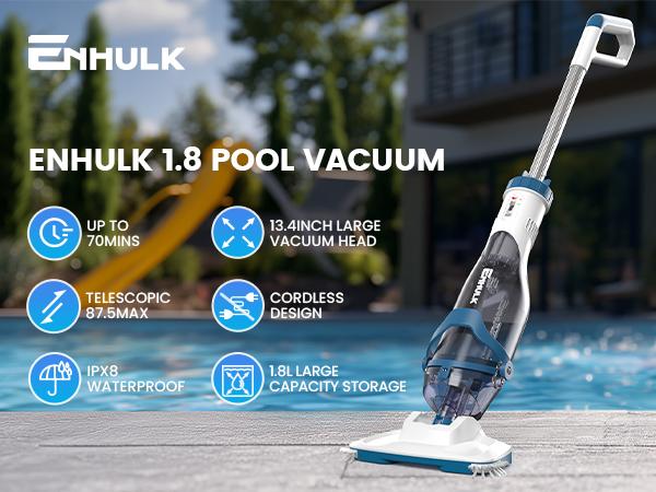 【10-OFF!!!】ENHULK Handheld Rechargeable Pool Cleaner with Telescopic Pole 18.5 Gallons/Min Suction for Above Ground Pools Leaves Debris Removal