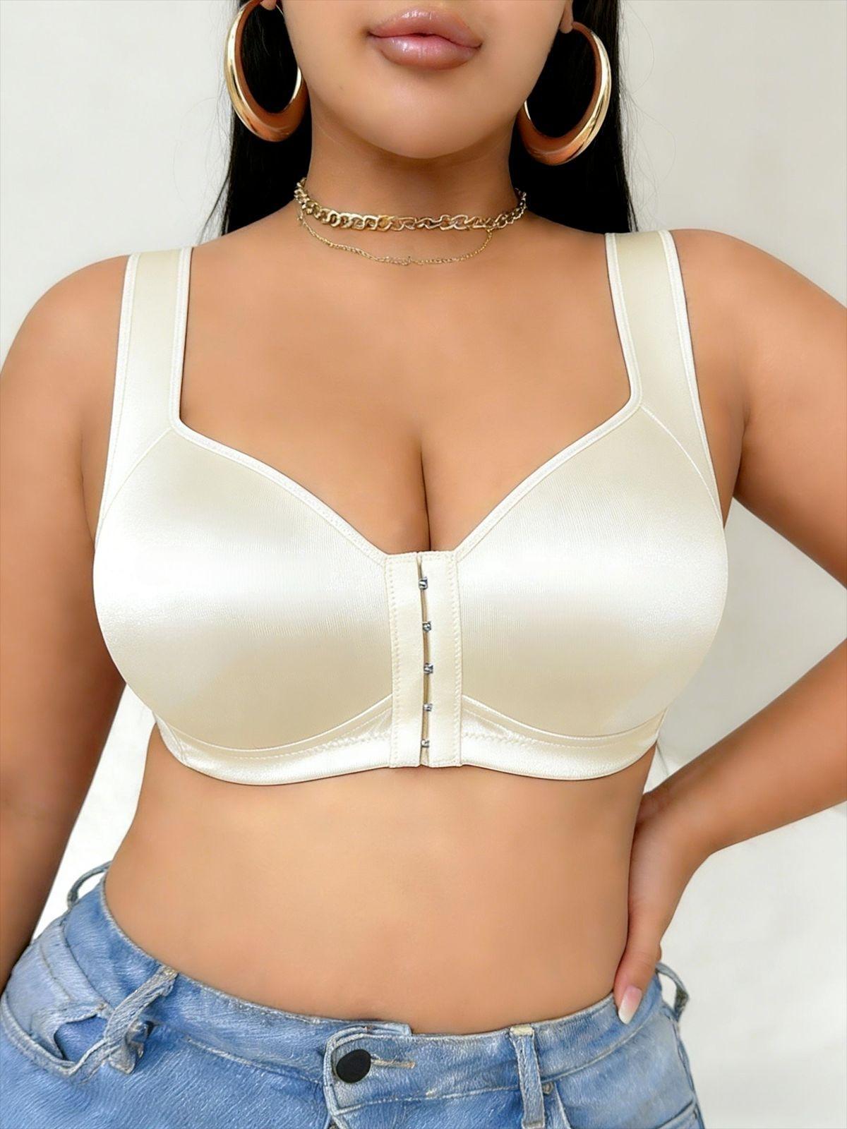 Women's Front Snap Closure Sports Bra, No Underwire Gathered Lift Anti-Sag Plus Size Bras, Smooth Fabric Comfortable Support