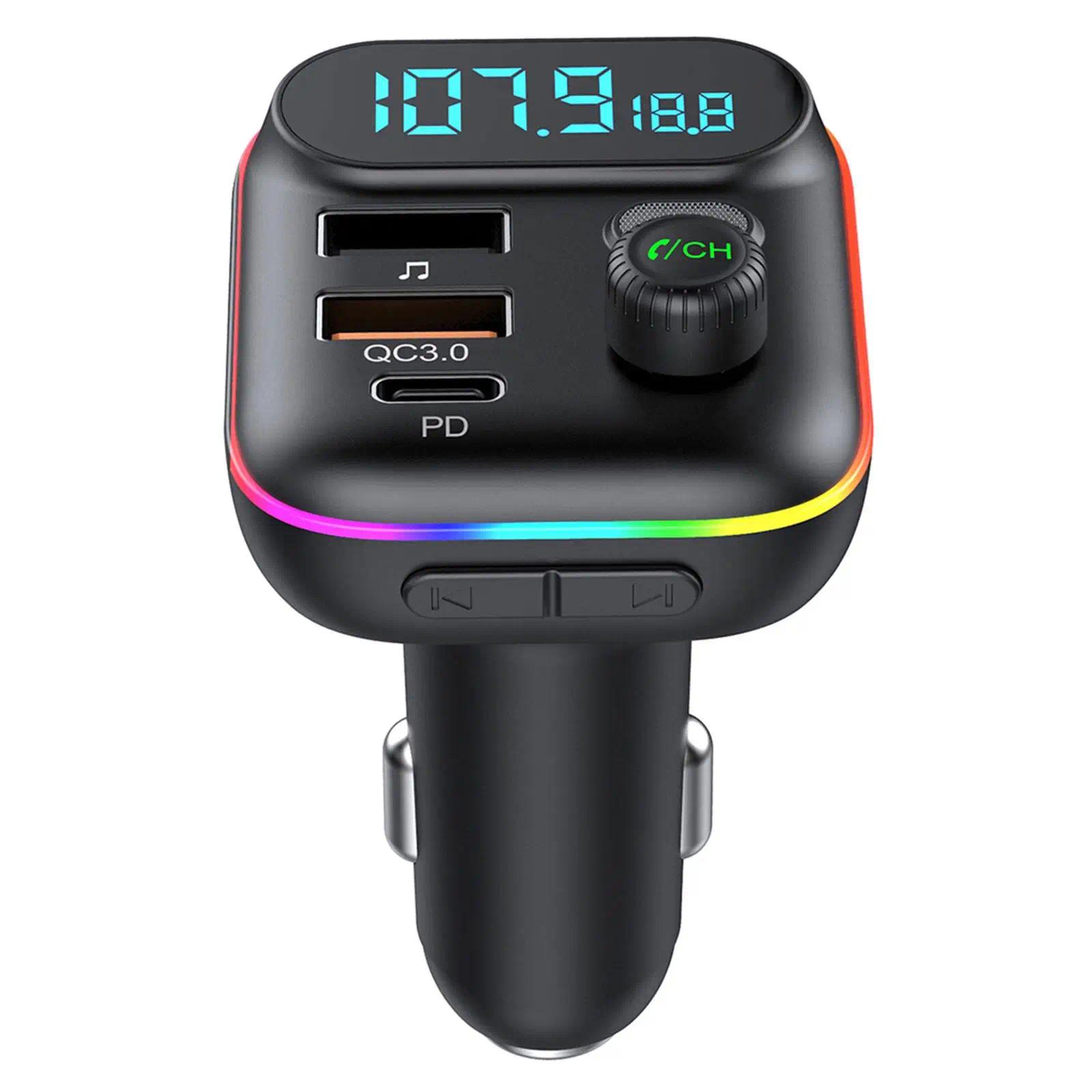 Bluetooth Car Adapter, In-Car FM Transmitter with Bluetooth 5.0, 18W PD Fast Charging, QC3.0, USB + PD Ports, Type-C, Colorful Ambient Light, Dual Music Player, Bluetooth Calling, Cigarette Lighter Accessory with Easy Setup