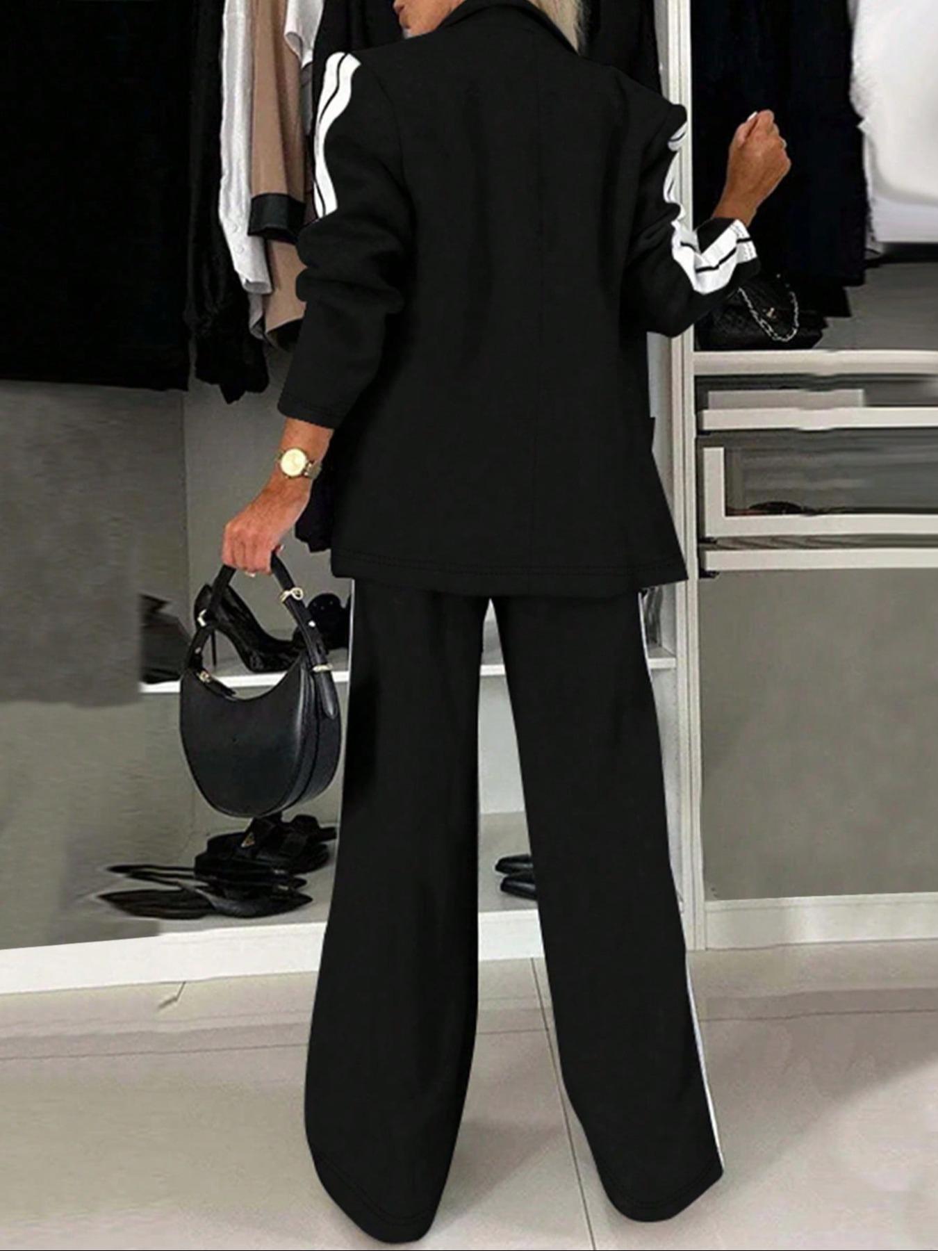 Women's New Style Loose-Fitting Long Sleeve Jacket & Pants Set, Striped Patchwork Casual Notched Lapel Blazer Two-Piece Suit, Comfortable Elegant Lapel Design For Autumn And Winter Set