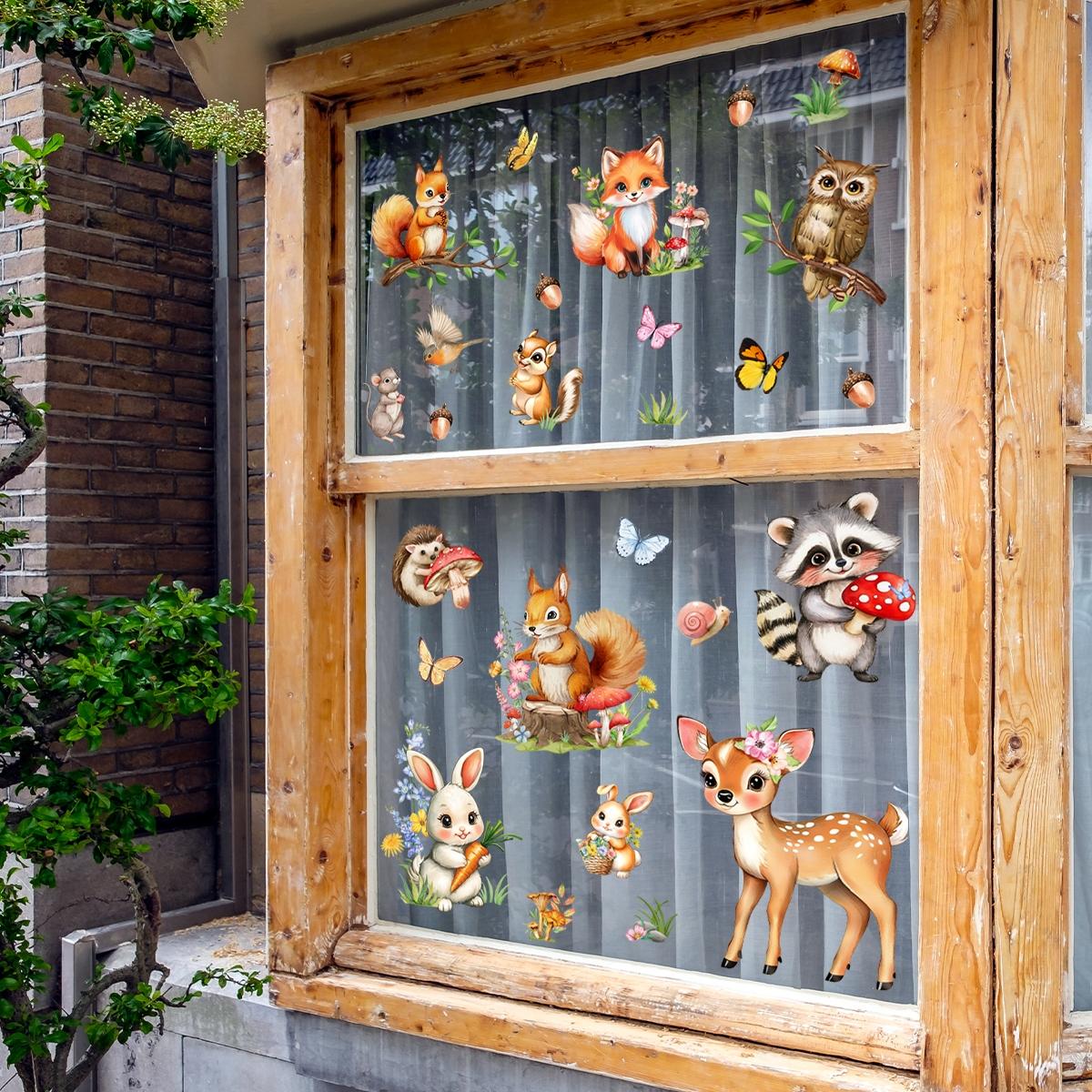 A (30*60cm) window sticker featuring a squirrel, fox, hedgehog and fawn, which is double-sided visible, static cling, a glass sticker for beautifying festival homes, living room windows, and decorating windows and shop windows, Decorative Stickers, D16550