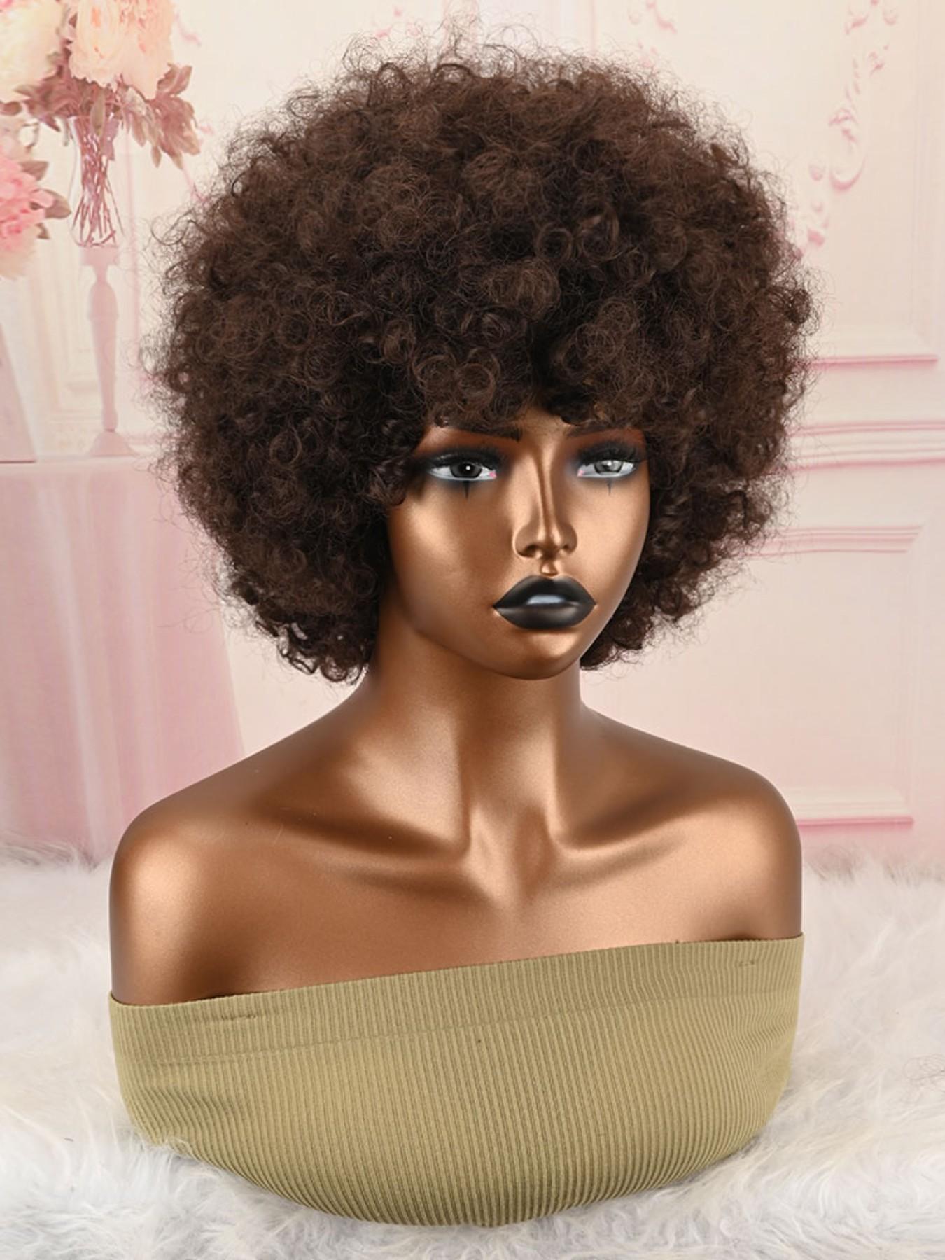 Chocolate Brown Fluffy Afro Synthetic Wig With Bangs High Temperature Fiber Short Kinky Curly Full Wig Retro Style For Women Party Cosplay Photoshoot