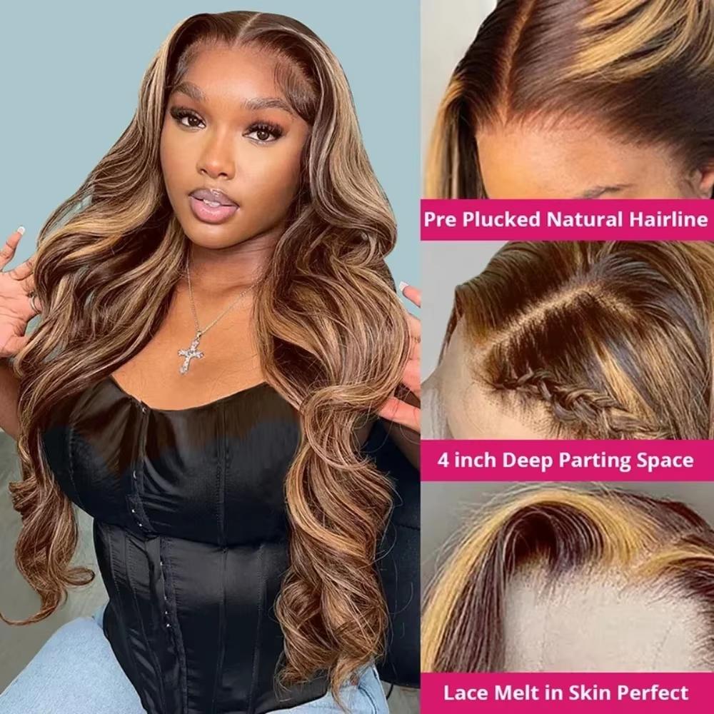 P4/27 Colored Highlight Body Wave Lace Front Wigs Human Hair 13X6 HD Lace Front Wig Human Hair Pre Plucked 180% Density Highlight Wig Human