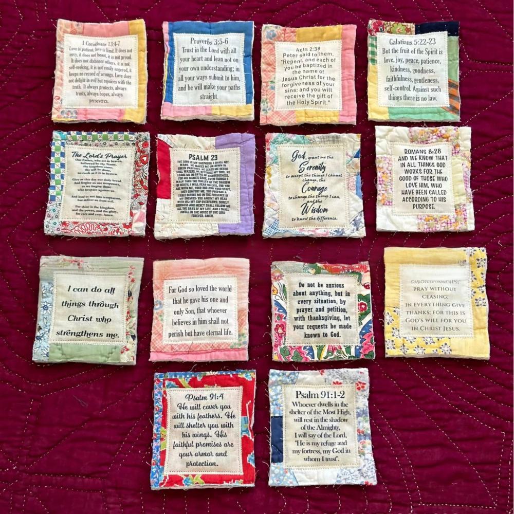 Vintage Prayer Blanket Square with Cross Inside, Mini Handmade Quilt, Colorful Stitched Blessing Poem Throw, Home Decor Gift Idea # GLOBAL PICKS