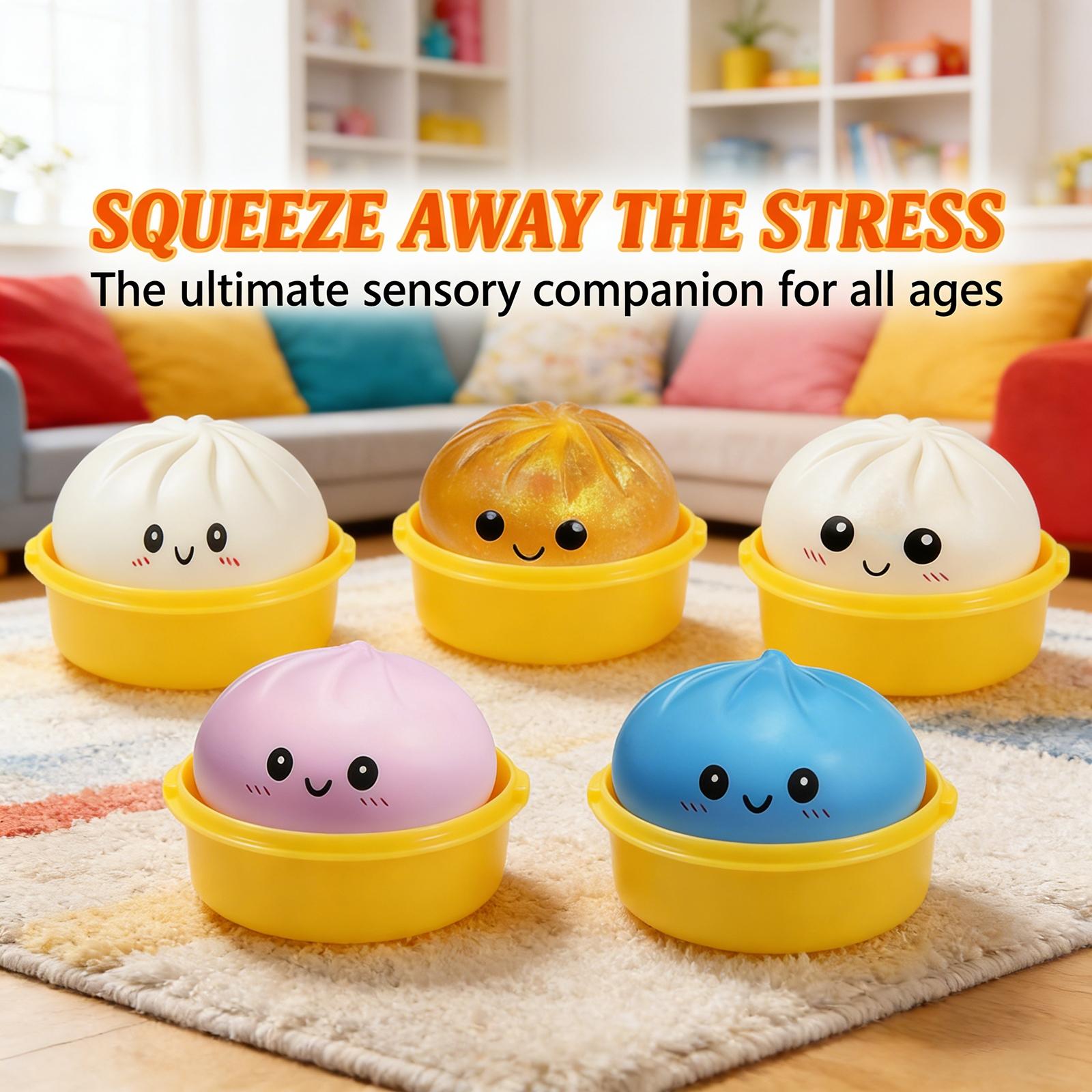 Dumpling Squishies Glitter Mystery Box, Colorful Dumpling Stress Balls Fidget Sensory Toys, Easter Basket Stuffers with Steamer Stretchy Desk Toys