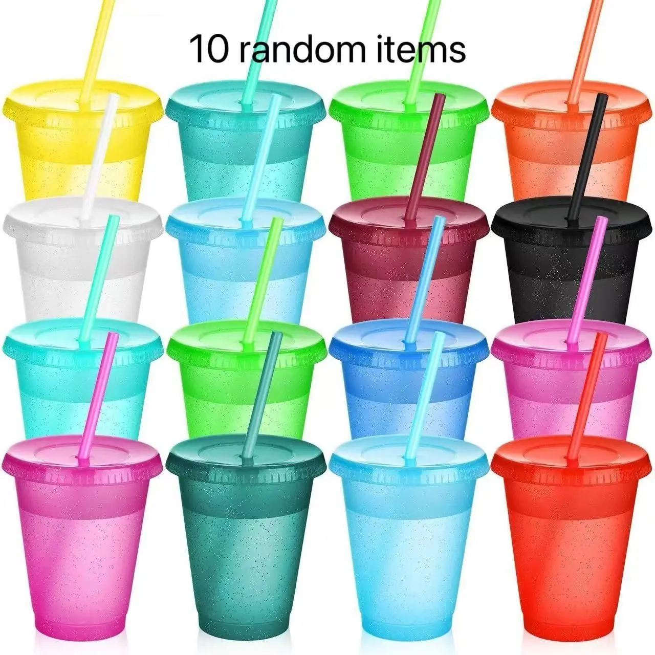 10 Reusable Colorful Plastic Cups, 16oz BPA-Free, Includes Lids and Straws, Perfect for Parties and Smoothies, Random Colors