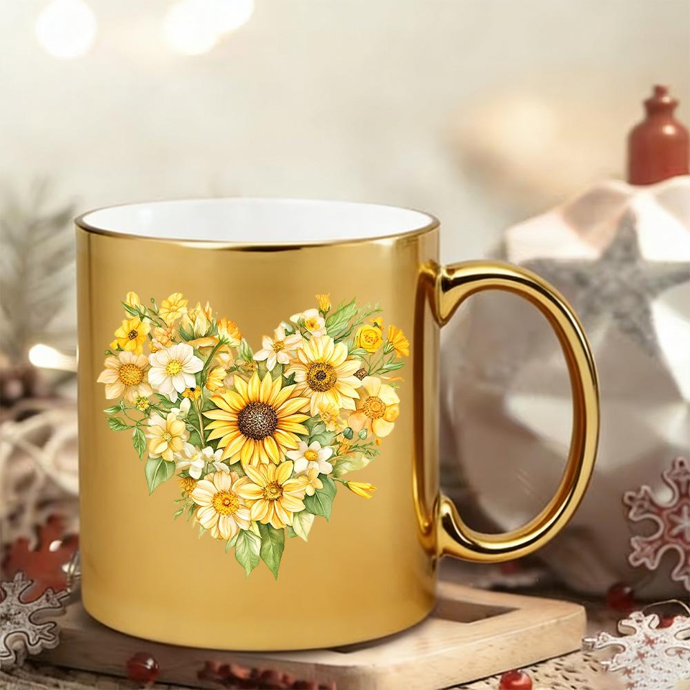 Sunflower Heart Gold Ceramic Coffee Mug, 11oz Shiny Metallic Gold Floral Tea Cup, Unique Birthday Mothers Day Gifts for Women Mom Wife Sister Friend, Sunflower Lover Gifts for Coffee Tea Lovers, Home Office Decor