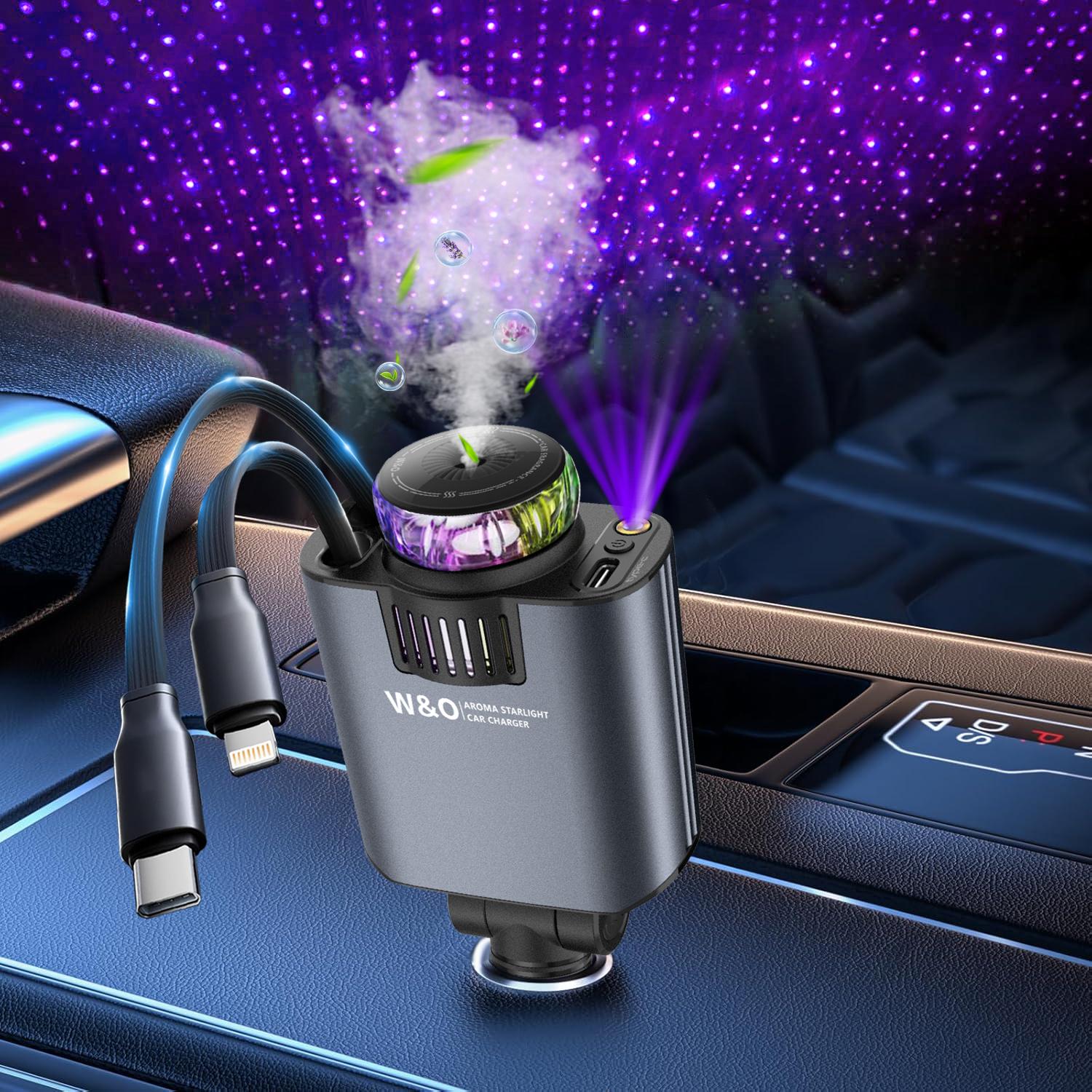 W&O 5-in-1 Smart Car Charger with Car Air Aromatherapy Diffuser-Free, Plant Extract Formula for Mothers and Youngsters, Vehicle & Travel, Features Intelligent Sensing & Atmosphere Lighting, Car Air Freshener Starlight Headliner Car Charger