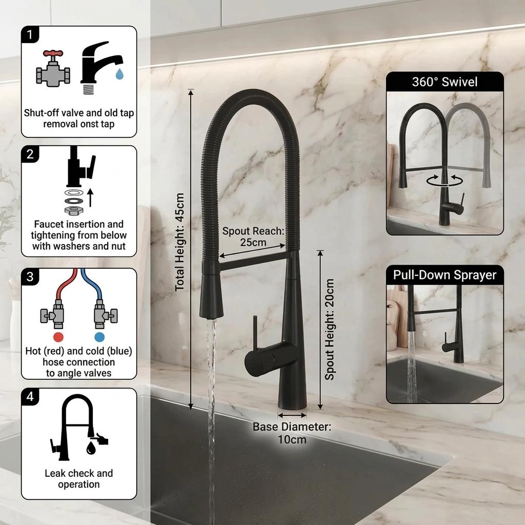 Brass Hot and Cold Water Mixing Faucet, Retractable Showerhead, Modern Design, Matte Finish, 360-Degree Rotation, Kitchen Sink
