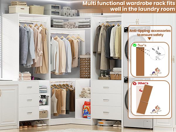 Freestanding Corner Closet System Set with Wooden Drawers & Hanging Rods, Modular Reversible Walk-in Closet Organizer Wardrobe System with Shelves Freestanding Corner Closet System Set with Wooden Drawers & Hanging Rods, Modular Reversible Walk-in Closet Organizer Wardrobe System with Shelves