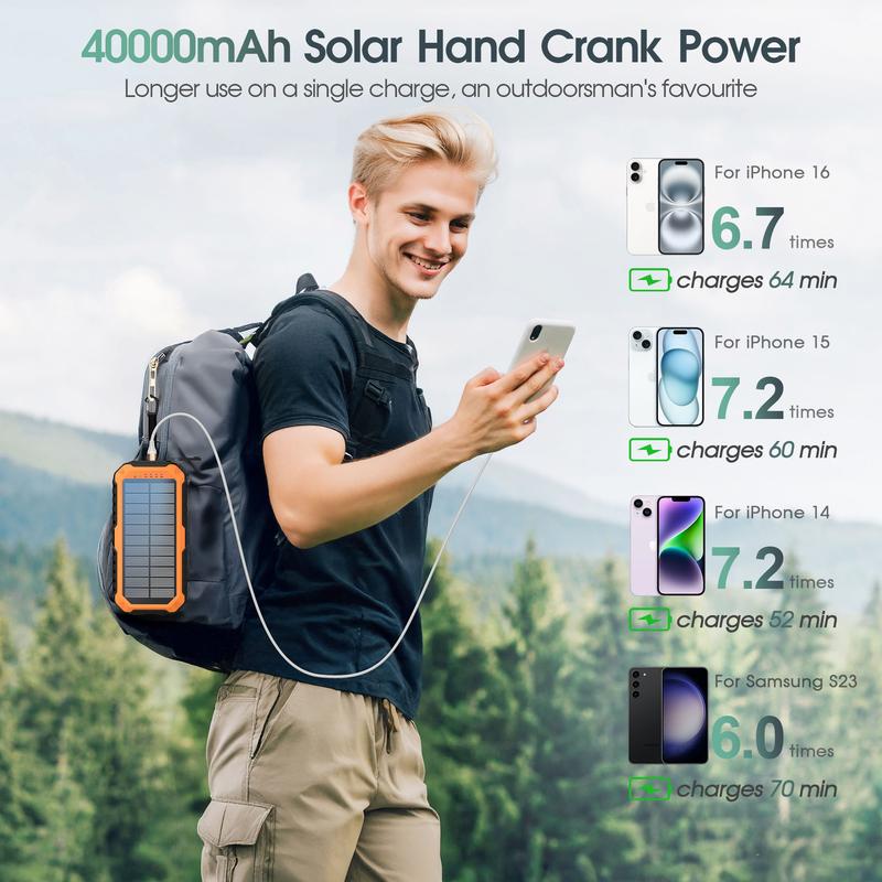 citicr 40000mAh solar hand-held power bank, with 4 built-in cables for output and input, super bright flashlight, level gauge, compass, 6 output PD20W fast charging, hand-cranked point charger, suitable for outdoor camping, fishing, mountain climbing, etc