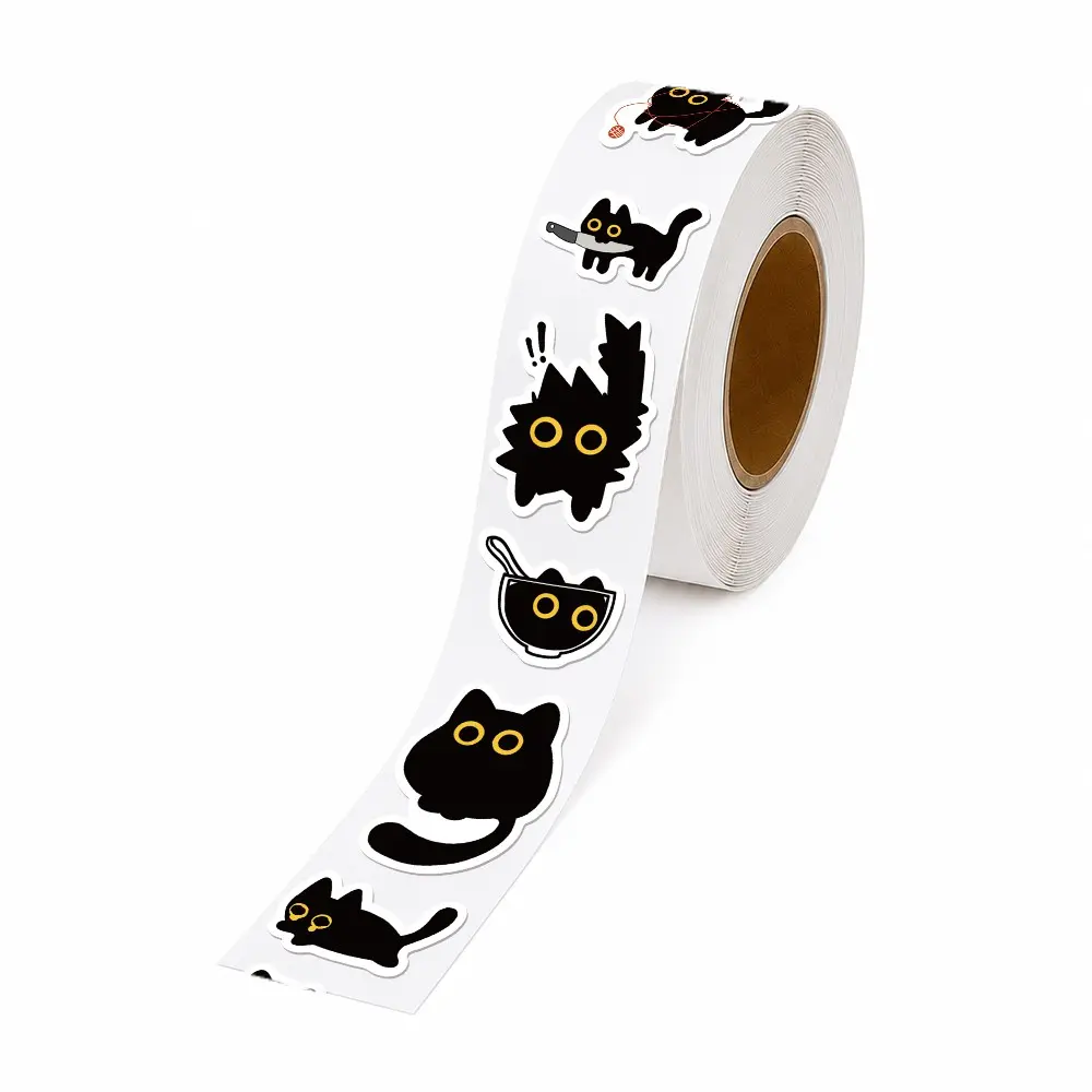 500PCS/Roll Black Cat Sticker Roll, 10 Designs Aesthetic Decorative Sticker Tape, Self Adhesive Journaling Stickers for Notebook, Laptop, Phone Case and Daily Decoration