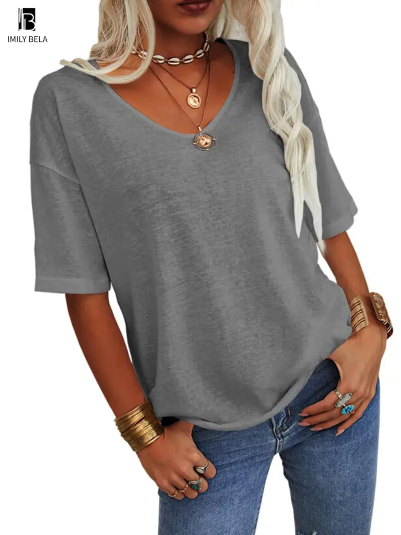 Women's Plain V Neck Drop Shoulder Tee, Casual Chic Minimalist Solid Color Half Sleeve T-shirt for Summer, Women's Basic Top for Daily Wear