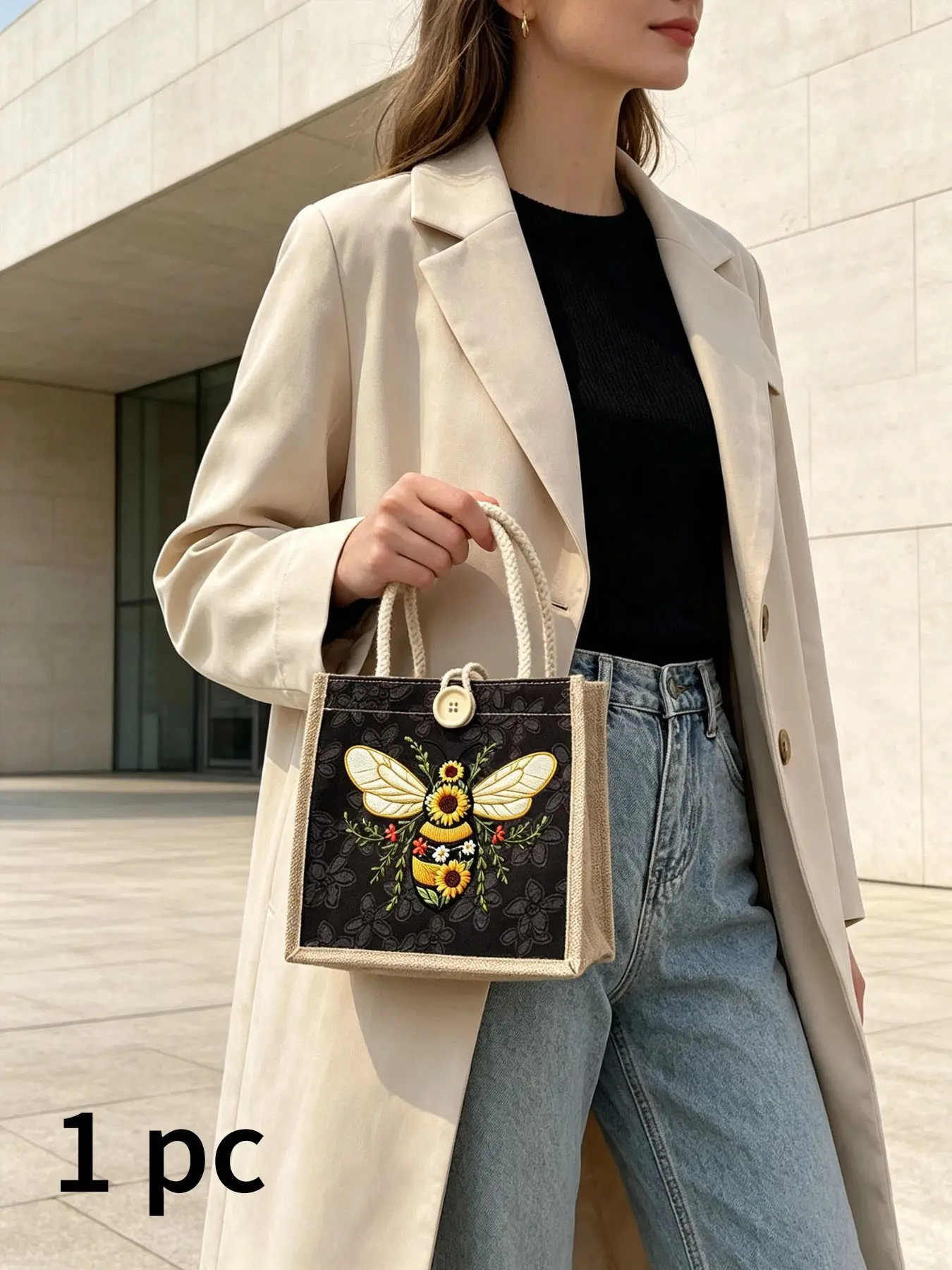 Vintage Countryside Style Sunflower Bee Pattern Handbag, Simple Linen Material Portable Lady Daily Carry Bag, Elegant and Practical Design