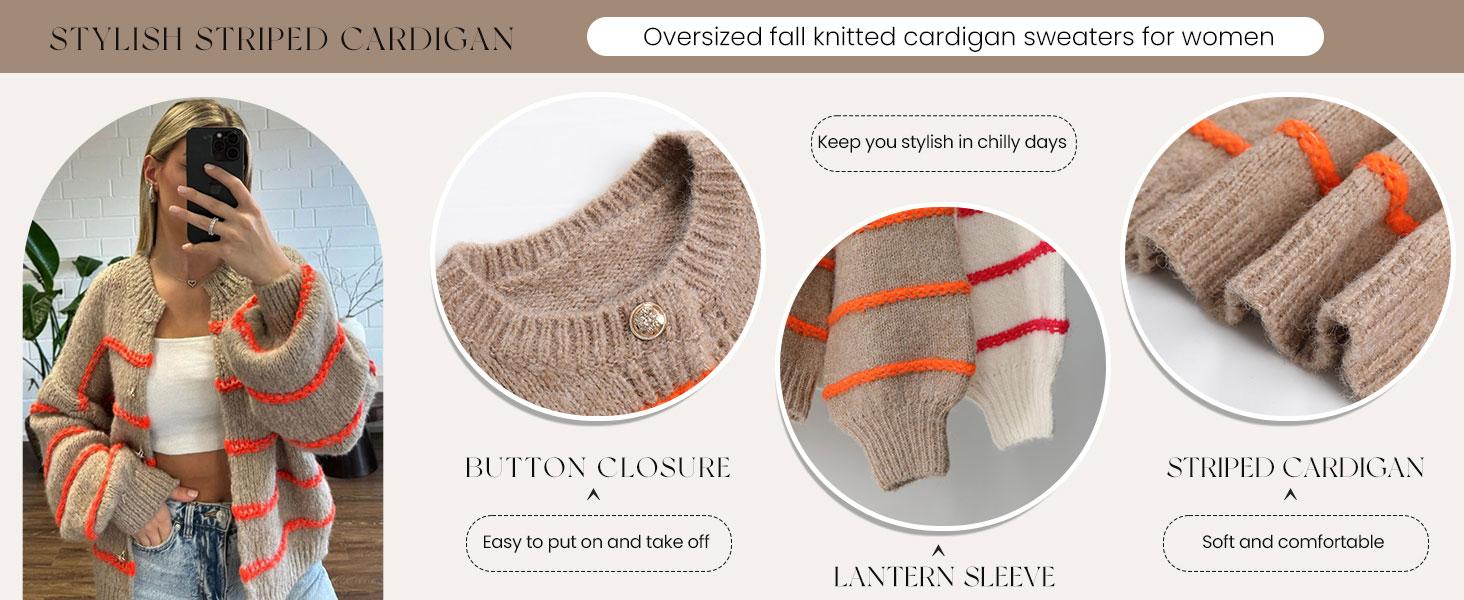 Molitree Women's Oversized Striped Knit Cardigan Sweater - Casual Open Front Long Sleeve Button Down Outwear for Fall Knitwear Crewneck Trendy Knit Outfit Brown