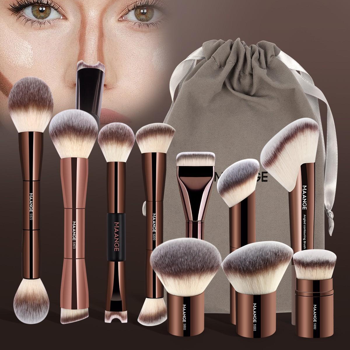 Maange 10-Piece Professional Face Makeup Brush Set with Storage Bag, Ideal for Home, Travel, and Outdoor Use, Essential Makeup Tools