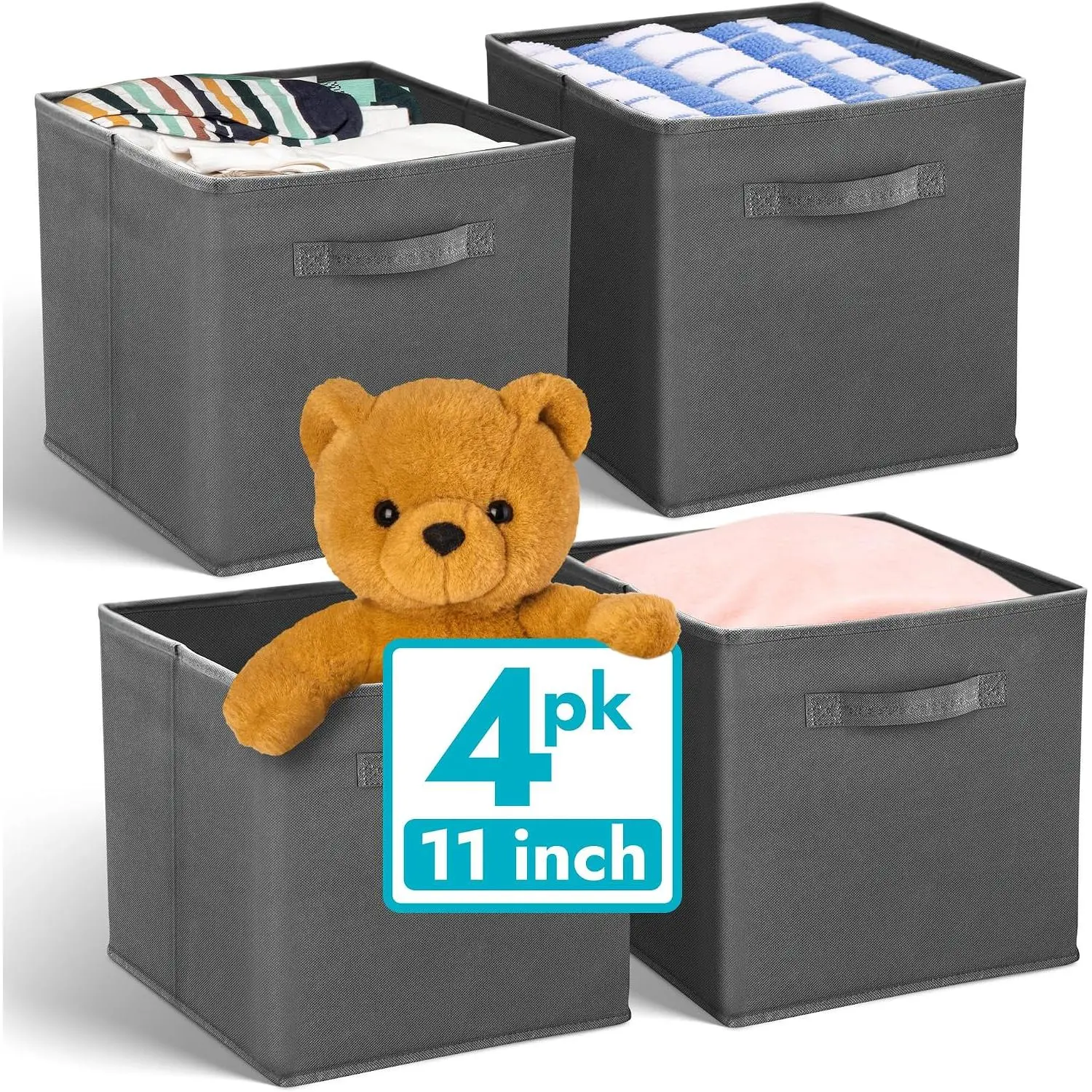 Storage Cubes (4 Pack) | Dark Gray Fabric Cube Bins 11"x11" | Collapsible Organizer | Reinforced Handles | Space-Saving Foldable Design | 's Toys, Clothes, Craft Supplies, Linens