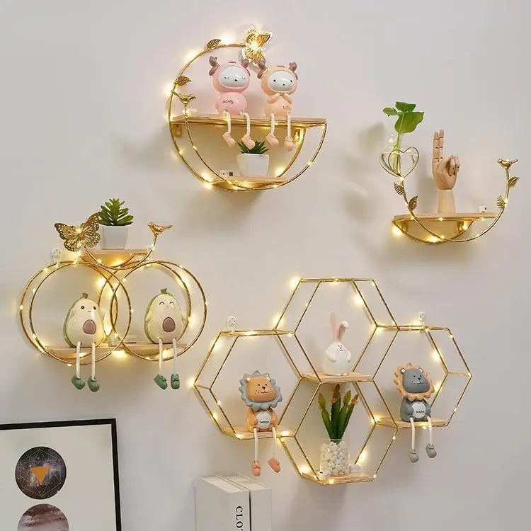 Shelves Wall Decor, Gold Metal Wire and Wood Wall Mounted Storage Shelf Home Decorations Art for Bedroom Living Room Kitchen Bathroom with Installation Package
