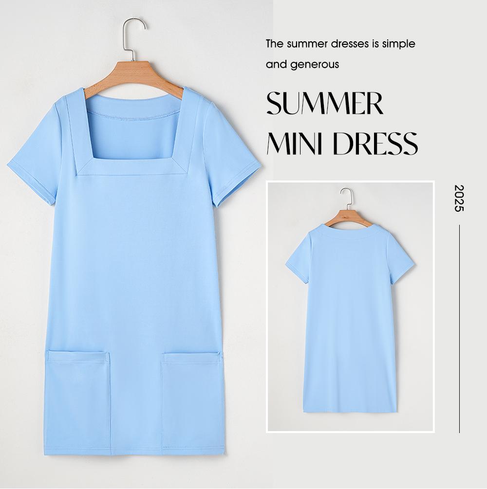 EVALESS Women's Solid Color Casual Align Dress Square Neck Short Sleeve Comfort Basic Mini Dresses with Pockets 2026 Womenswear Minimalist Springtok Summer Outfits