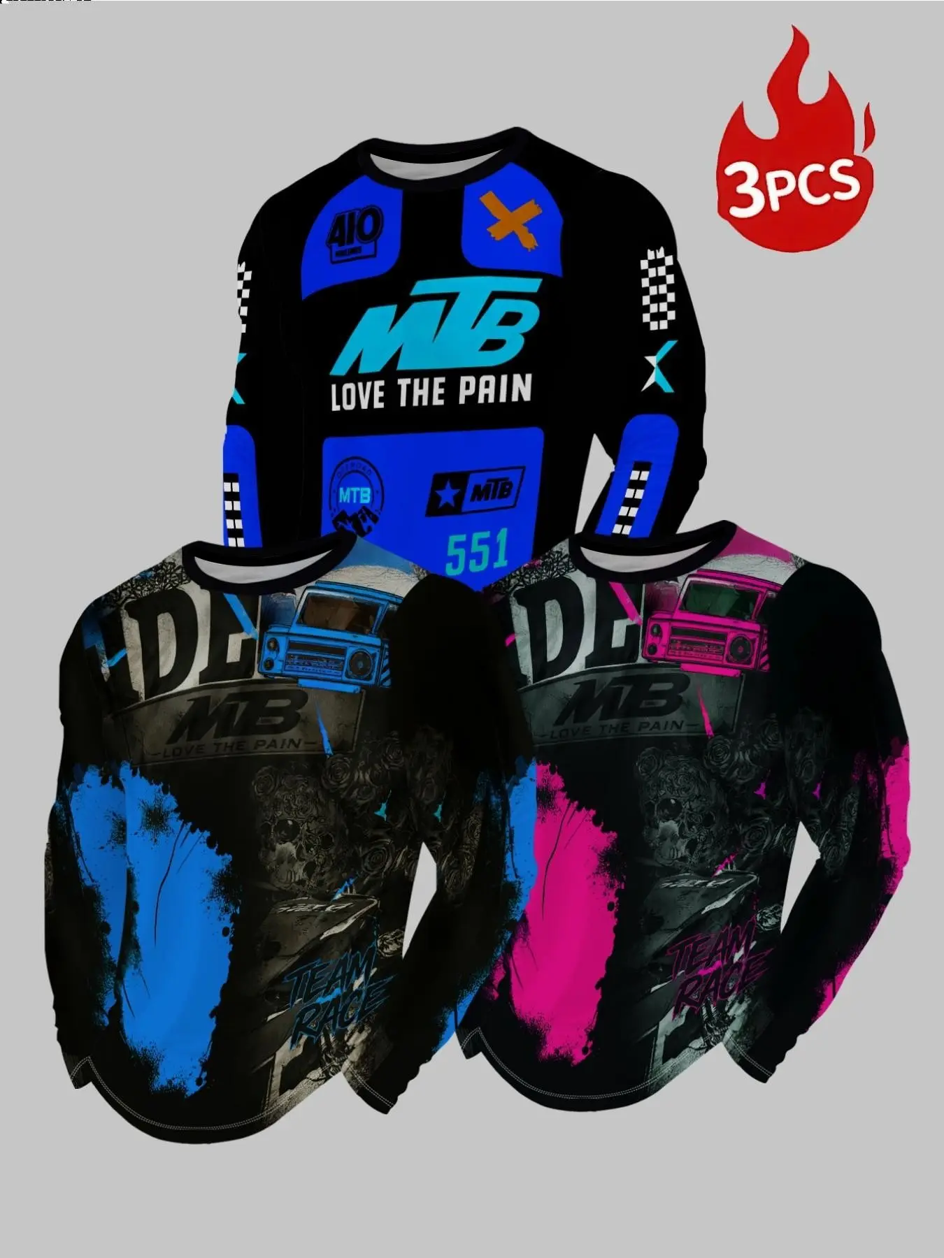 3-Pack Multi-Color Track Letter Number Print Cycling Long Sleeve Shirts, Outdoor Mountain Bike Team Trendy Round Neck Long Sleeve Tops