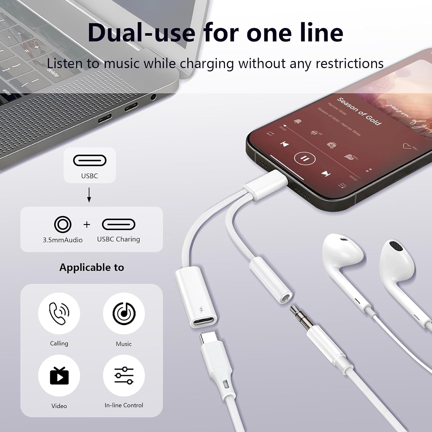 USB C to 3.5mm Headphone and Charger Adapter, 2-in-1 USB Type C to Aux Jack Dongle  with PD 60W   for  15 16 17 Pro Max Air,Galaxy S23 S24 S25 Ultra, Note 20, iPad Pro (1 PACK)