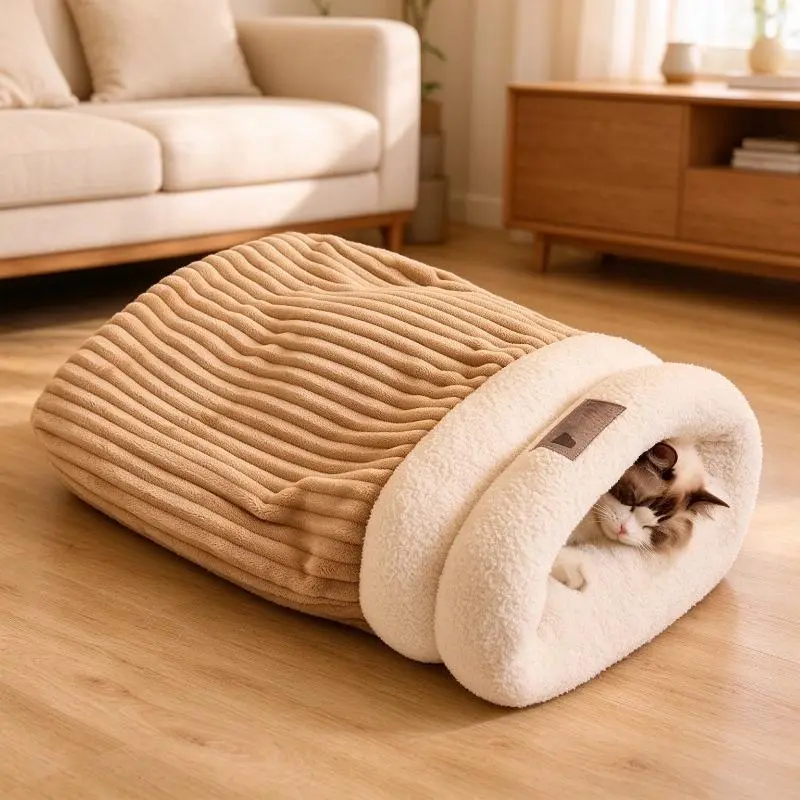 1pcs Warm Striped Cat Sleeping Bag Nest, Soft Enclosed Burrow Cat Bed, Cozy Self-Warming Cave Pet Bed for Kittens Small Dogs Indoor